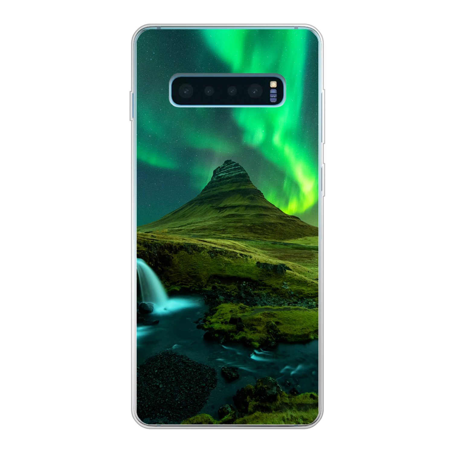 MuchoWow Handyhülle für Samsung Galaxy S10 Plus Nordlichter - Wasserfall - Berg - Island, Phone Case, Silikon, Schutzhülle Dünn