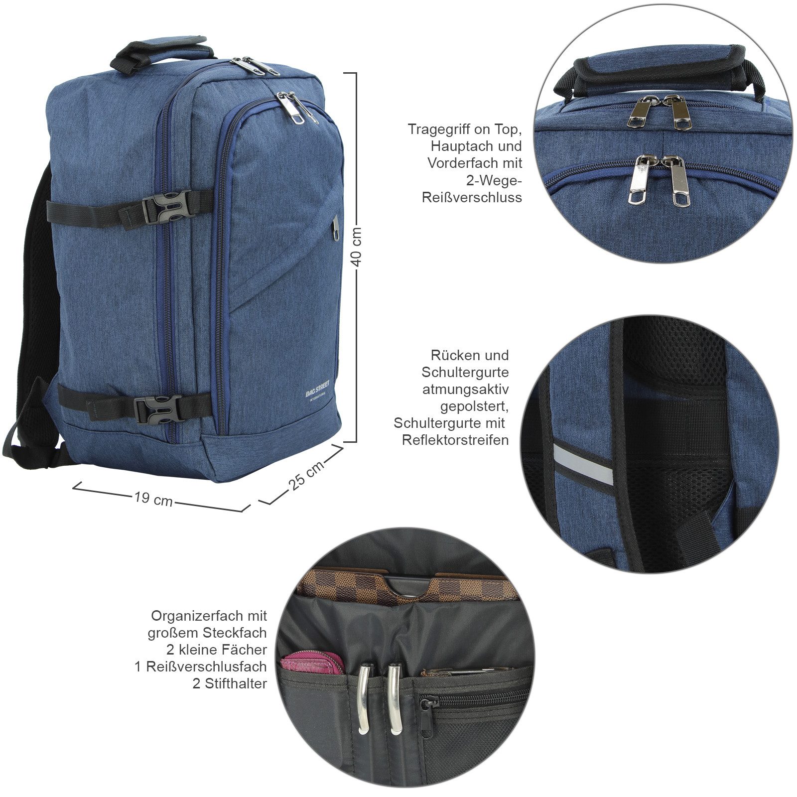 BAG STREET INTERNATIONAL Freizeitrucksack Groß 19 Liter gepolstert Organizer Fach Unisex Freizeit Reise Job, Organizerfach