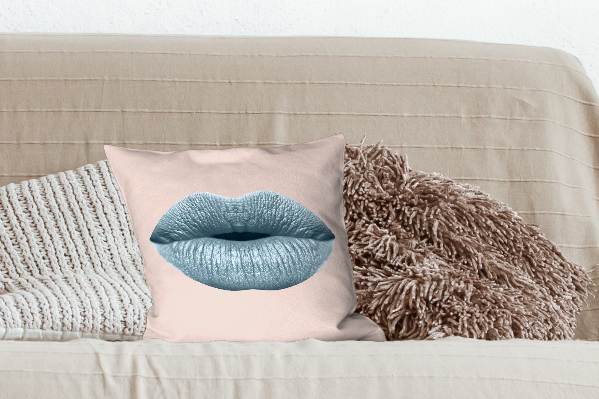 MuchoWow Dekokissen Lippen Füllung Pastell - - für Deko, Schlafzimmer, Wohzimmer, mit Grau, Zierkissen Sofakissen