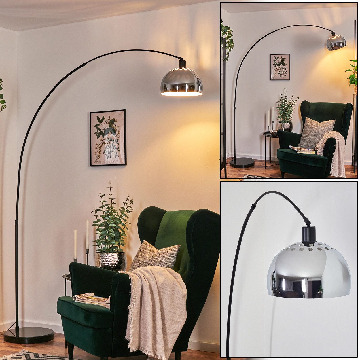 Bogenlampe Stehlampe aus Metall mit Marmorfuß in Schwarz/Chromfarben/Weiß