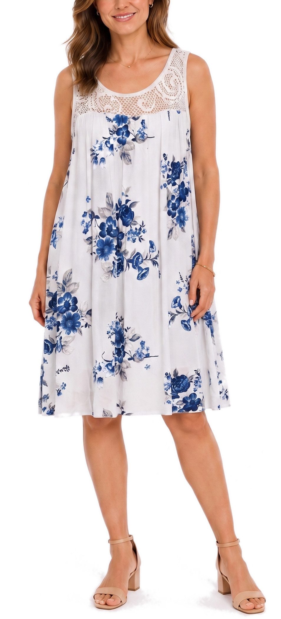 dy_mode Midikleid Damen Sommerkleid Blumenmuster Midi Kleid Strandkleid knielang Knielang, Transparente Häkel-Einsatz im Dekolleté- und Rückenbereich