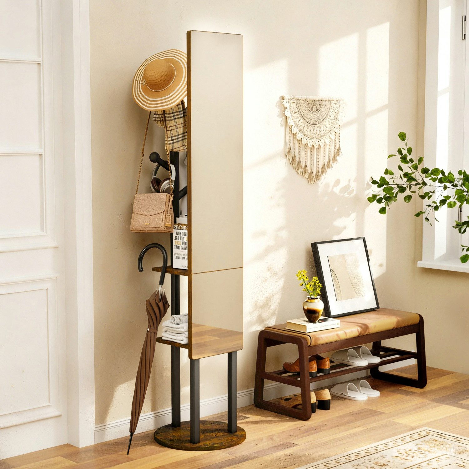 ANYSUN Ganzkörperspiegel Garderobe mit Stauraum 360°drehbarer multifunktionaler Kleiderständer (174*40 cm,Garderobe mit Haken), 2-in-1-Standspiegel,Ganzkörpersp – Bild 2 von 5