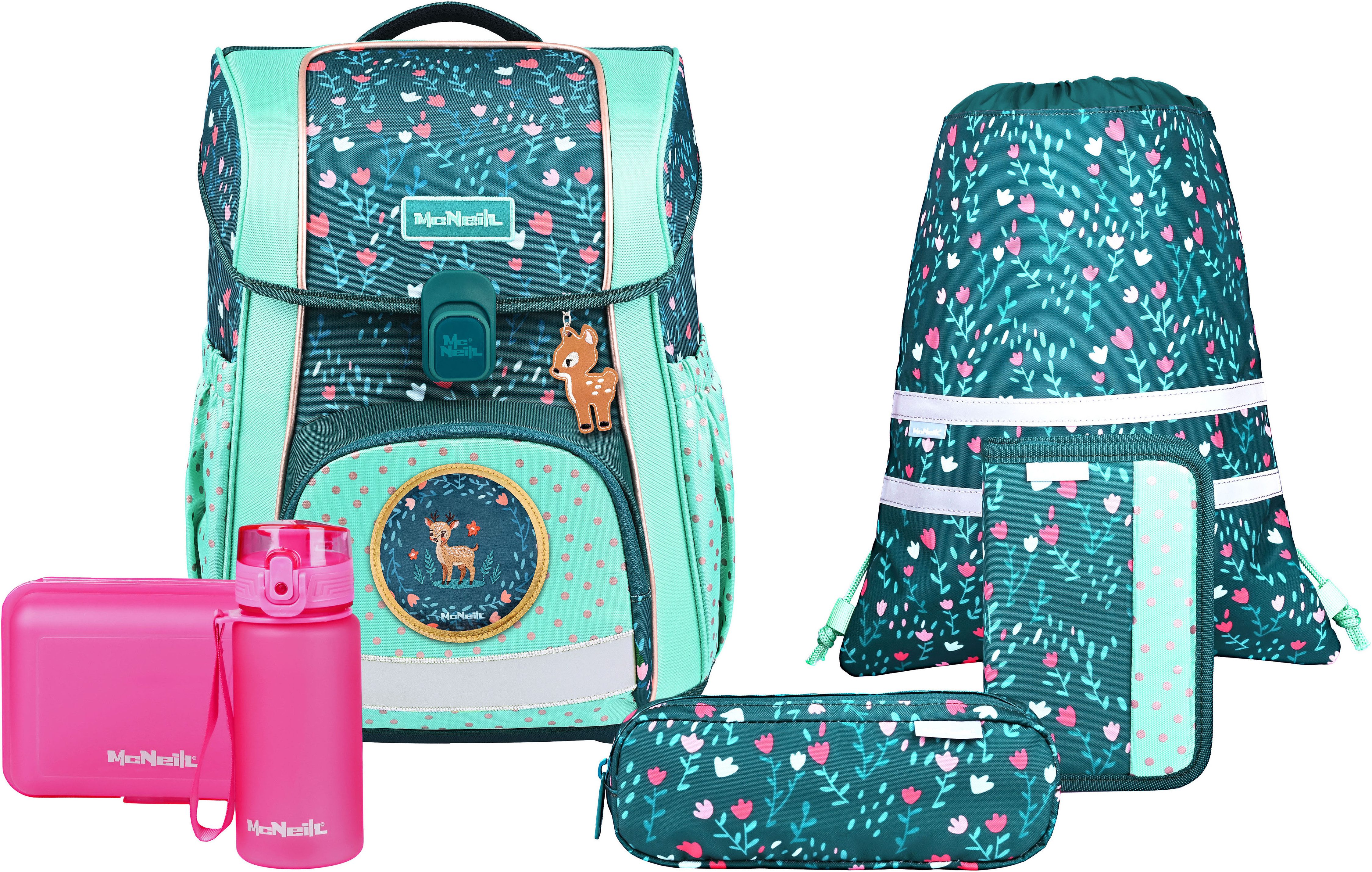 McNeill Schulranzen Bravo, inkl. Etui, Turnbeutel, (Set, 9-tlg., Schlamperrolle, Trinkflasche, Lunchbox, 2 Magnete & 1 Anhänger)