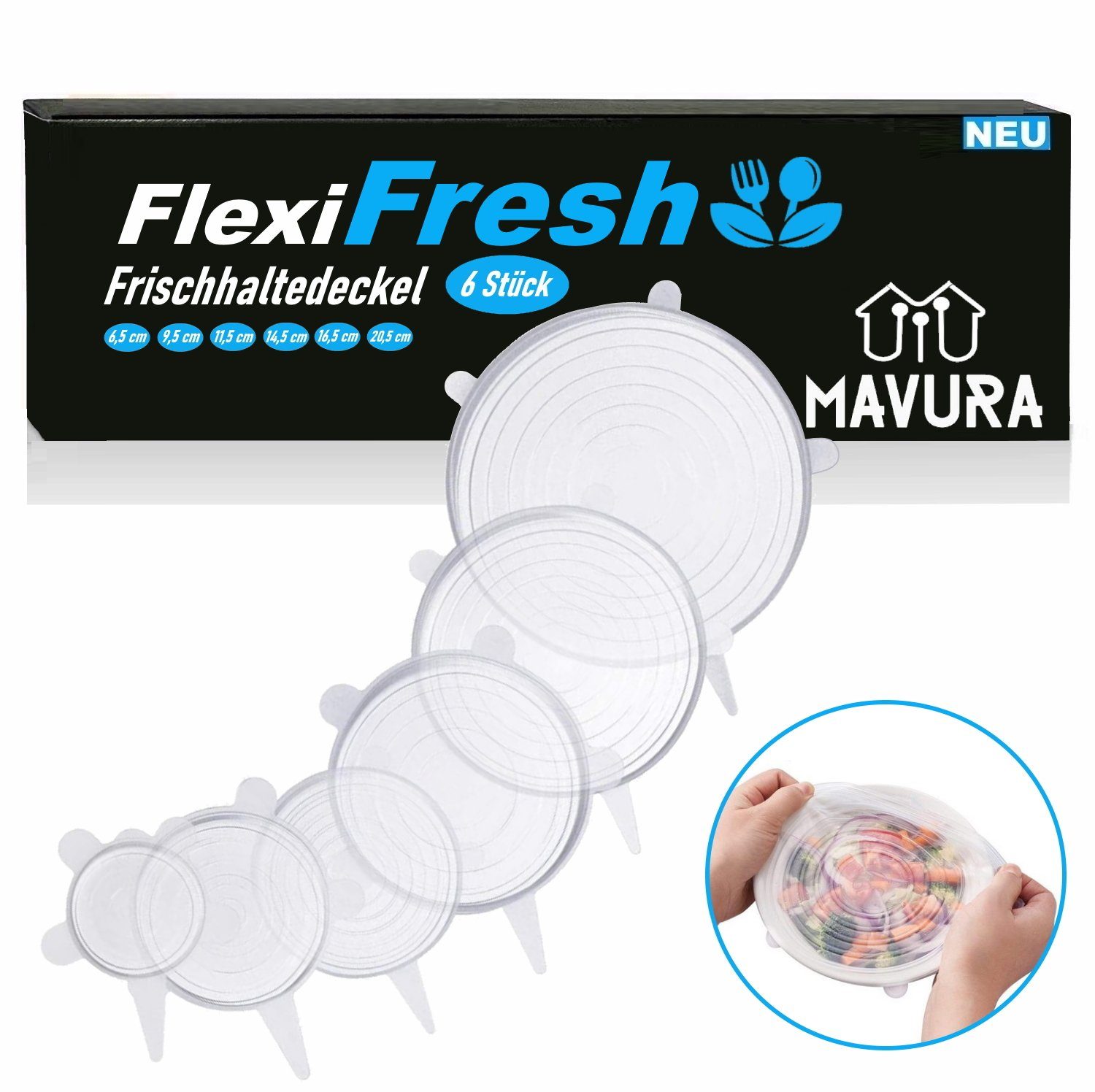 MAVURA Frischhaltedeckel FlexiFresh Silikon Deckel Stretch Frischhalte Universal Lebensmittel, Abdeckung Frischhaltedeckel dehnbar Wiederverwendbar [6er Set]