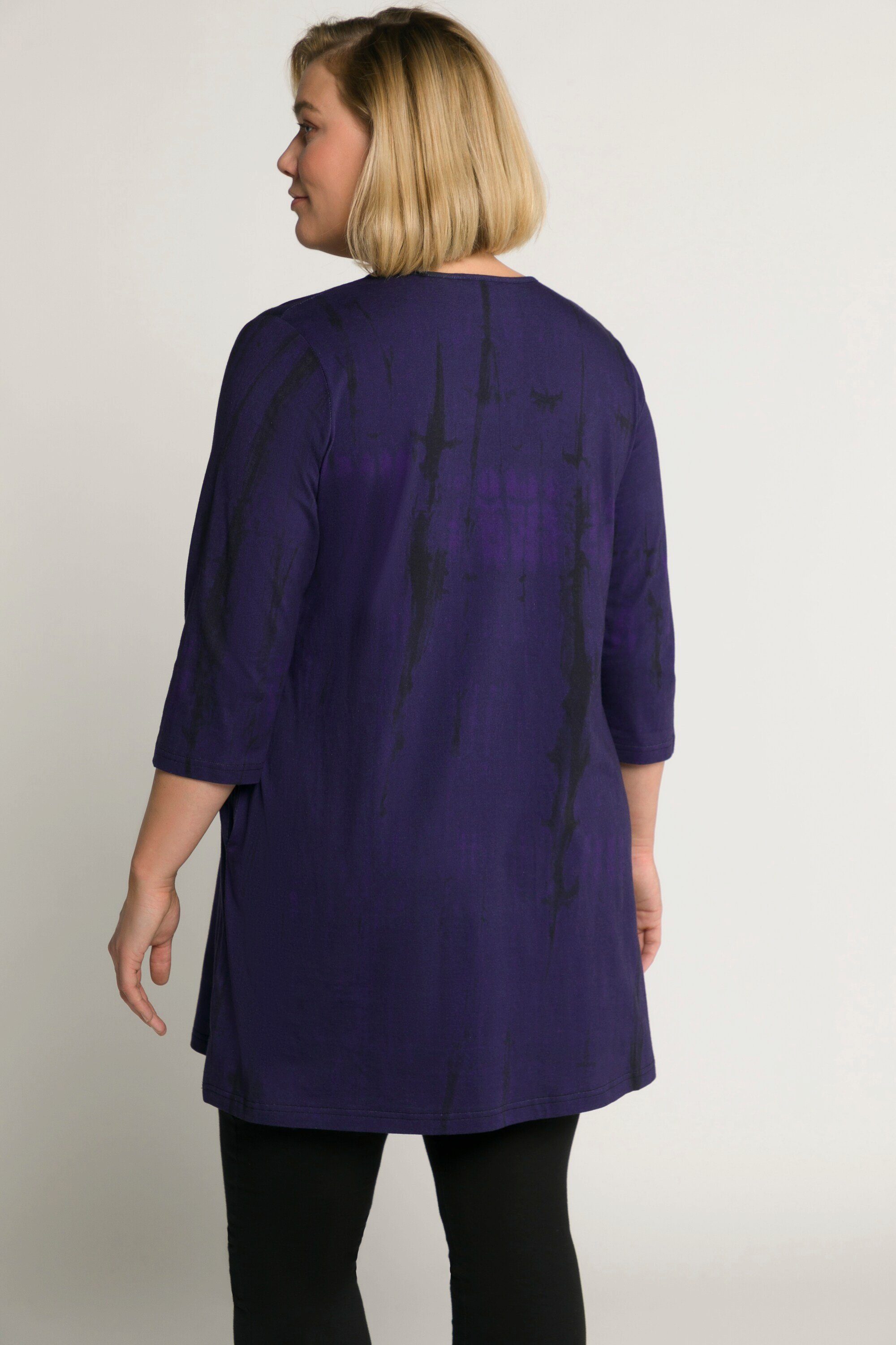 Ulla Popken Longshirt Longshirt 3/4-Arm dunkles lila Batikdruck V-Ausschnitt A-Linie