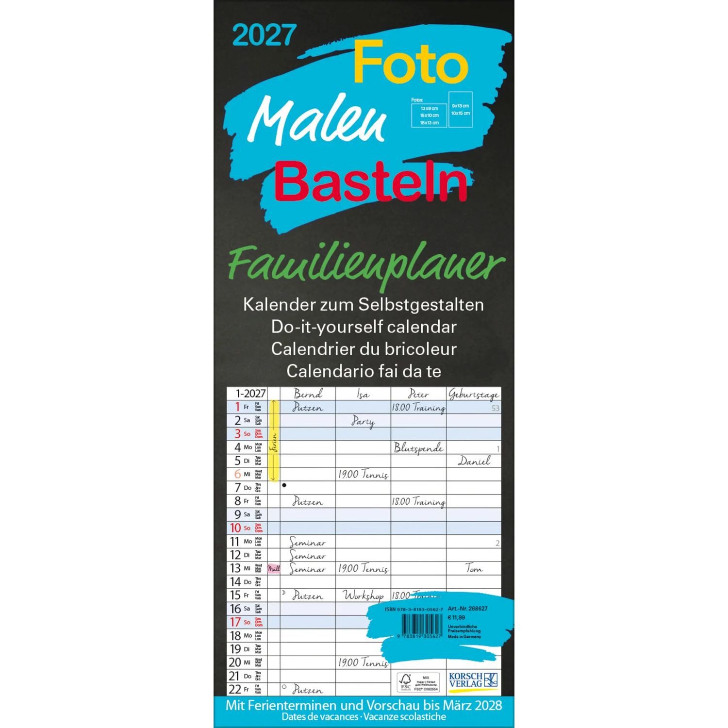 Korsch Verlag Familienkalender Foto-Malen-Basteln Familienplaner schwarz 2027