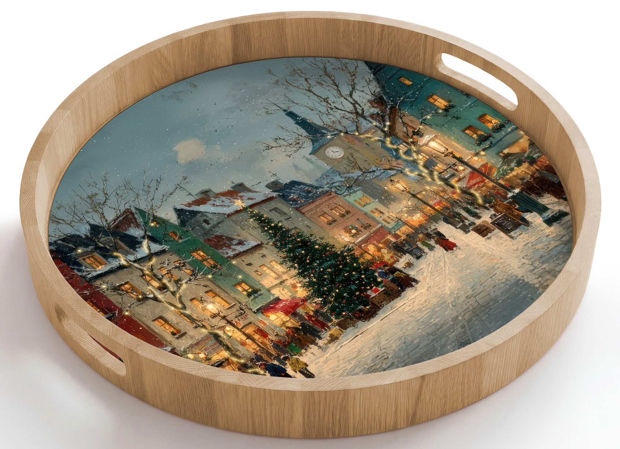 OnlyWow Tablett Rund mit Henkel Weihnachtliche Atmosphäre - City Square - Farbenfroh, Eichenholz, (1-tlg), Servierbrett Groß, Tischdeko, Platte, Tisch Deko