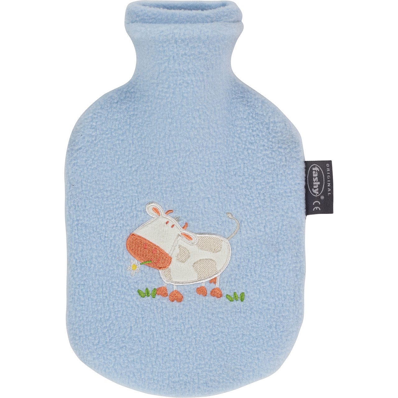 Fashy Wärmflasche Fashy Wärmflasche für Kinder Kuh Motiv mit Fleecebezug blau, (1-tlg), Abnehmbarer Fleecebezug
