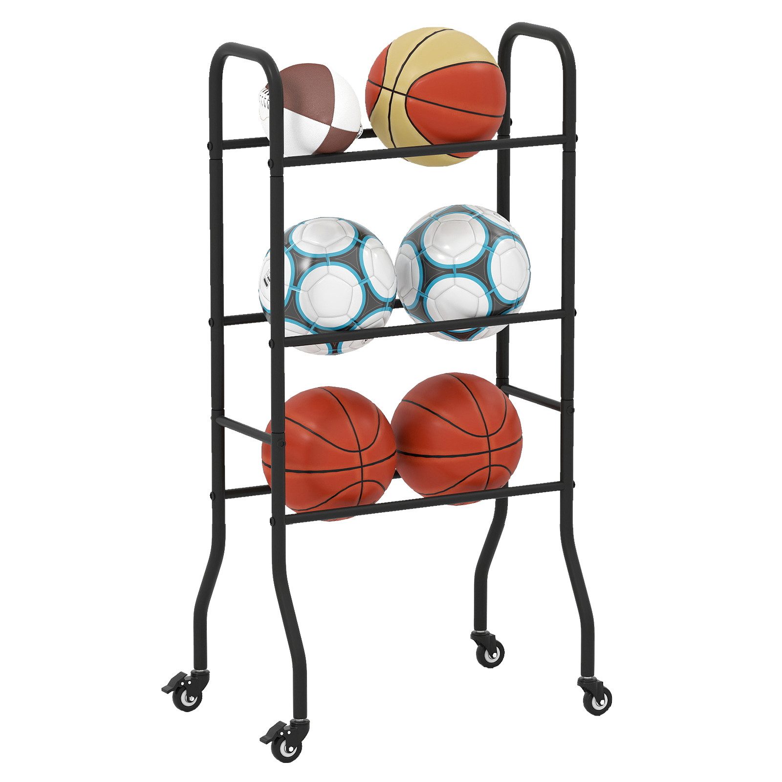 COSTWAY Sportgeräte-Regalwagen, Basketball Regal mit 4 Universalrädern, Metallrahmen