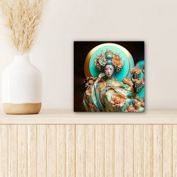 OneMillionCanvasses® Leinwandbild Frau - Kimono - Blumen - Gold - Porträt, (1 St), Leinwand Bilder für Wohnzimmer Schlafzimmer