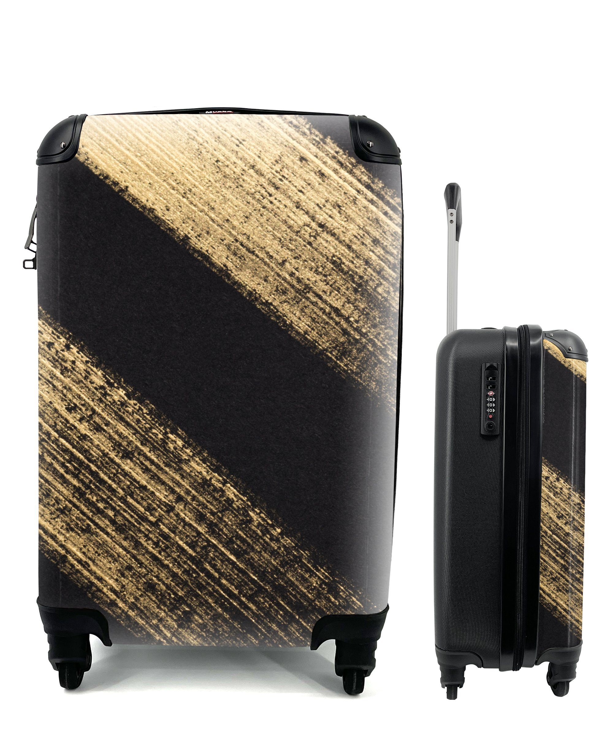 MuchoWow Handgepäckkoffer Goldene Farbstreifen auf schwarzem Hintergrund, 4 Rollen, Reisetasche mit rollen, Handgepäck für Ferien, Trolley, Reisekoffer