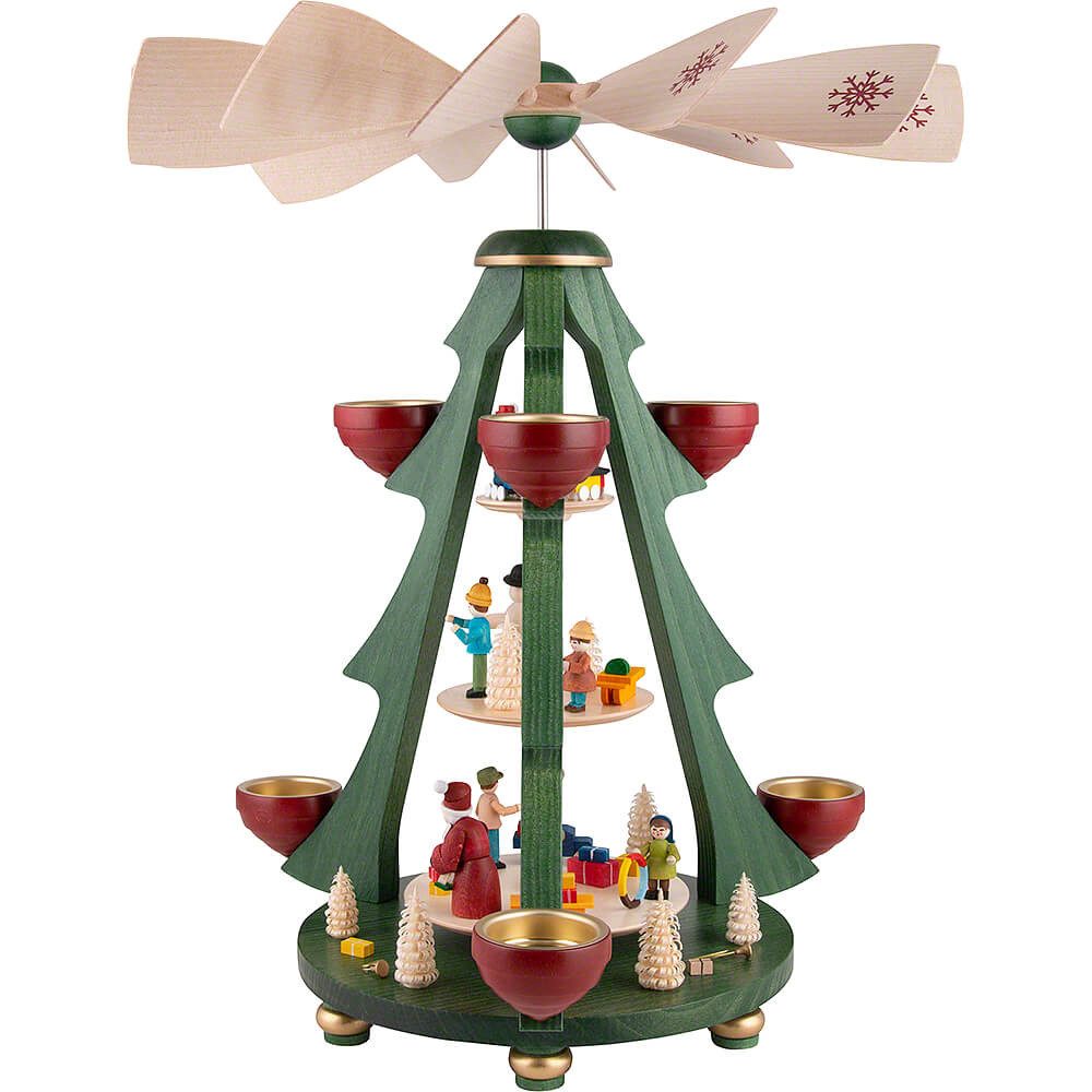 Erzgebirgische Volkskunst Richard Glässer GmbH Weihnachtspyramide 3-stöckige Pyramide Baum - Bescherung (40cm) von Richard Glässer