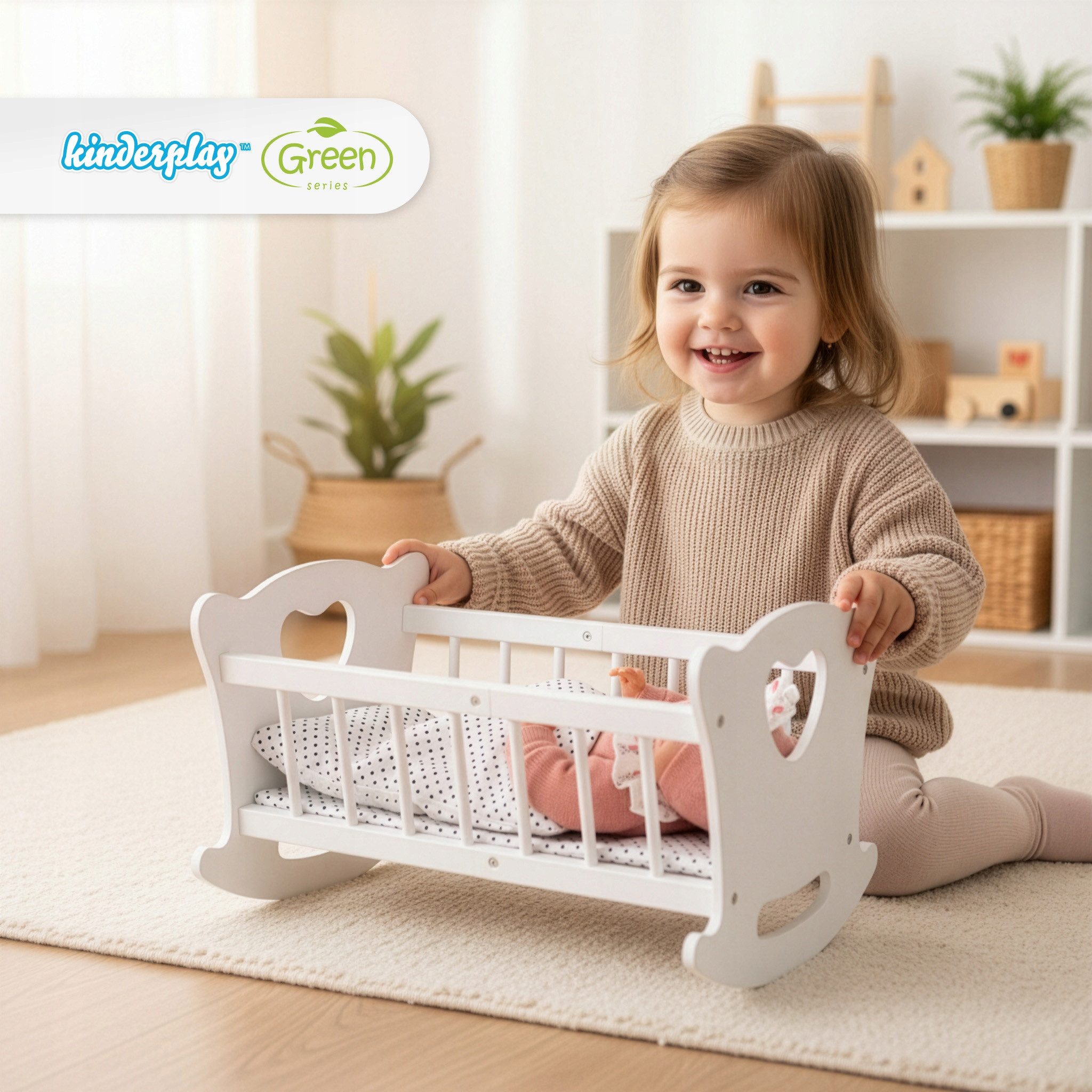 Green Series Puppenwiege Holz Puppenwiege mit Bettwäsche – liebevolles Roll günstig online kaufen