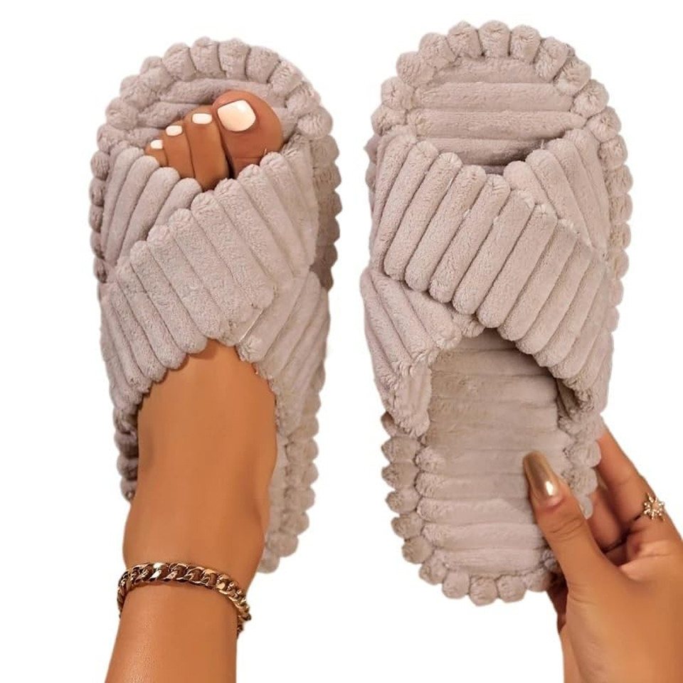 Coonoor Damen Hausschuhe Wohnschuhe, offener Zehen, Querriemen-Schleife Plüsch Hausschuhe rutschfeste Sohle. Bequeme Trend-Slide als stylisches Geschenk