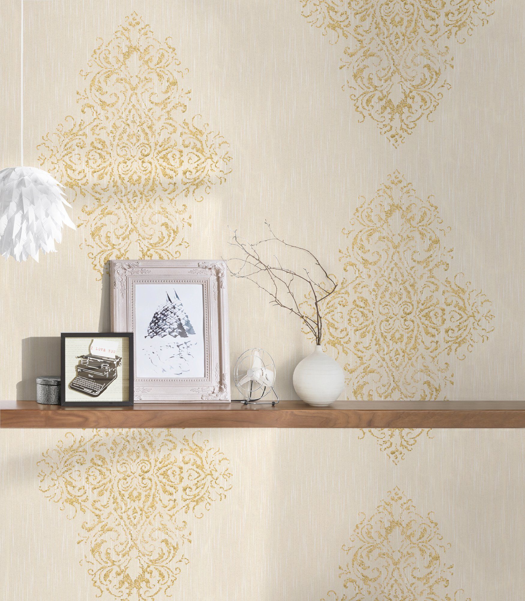 Tapete samtig, Textiltapete Metallic wallpaper, Paper Effekt creme/gold Barock, Barock Création A.S. Luxury Architects Textil