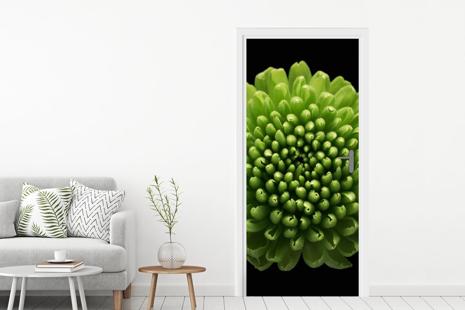 cm MuchoWow auf St), schwarzem Fototapete (1 für 75x205 Hintergrund, Tür, Chrysanthemenblüte bedruckt, Türaufkleber, grüne Türtapete Matt, Eine