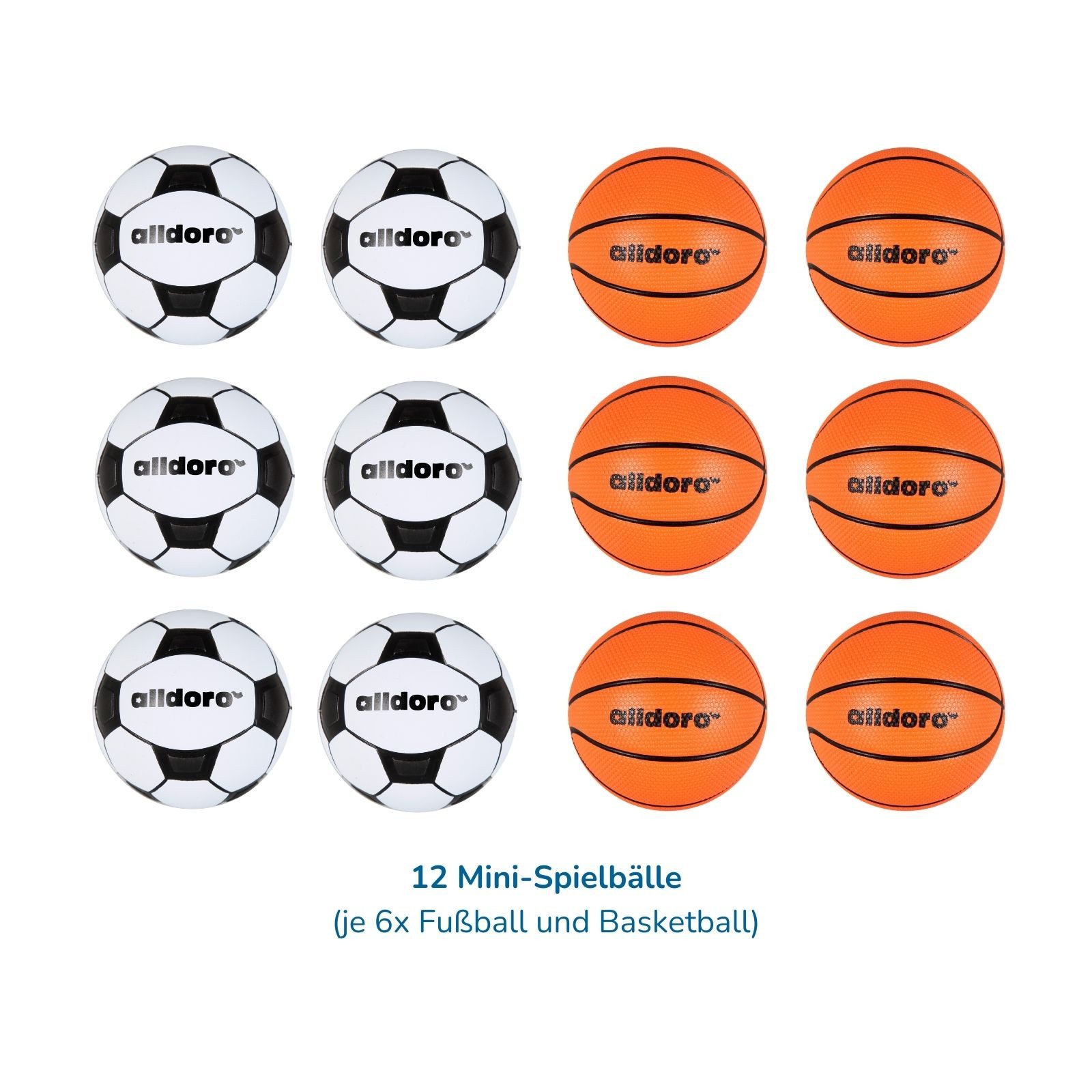 alldoro Spielball 12 Mini Spielbälle für Kinder, Ø 6 cm, je 6x Basketball & Fußball, Sprungstarke Flummi-Gummibälle für drinnen & draußen, ab 3 Jahren