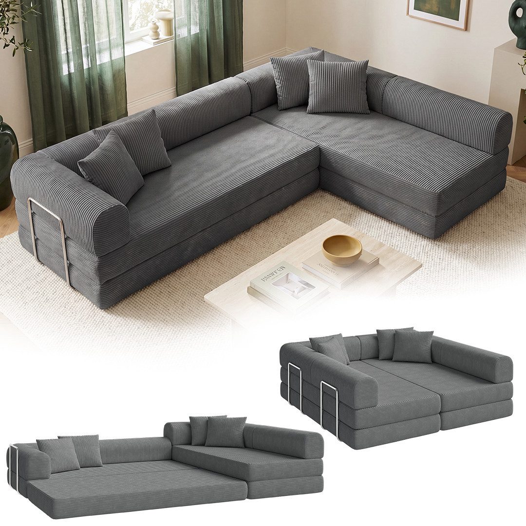 skølm Sofa & Sessel Lofn aus Vollschaum Cord, umwandelbar zum Schlafsofa/-Sessel, Dunkelgrau, Ecksofa 300 cm breit, 4 Sitzer, kein Aufbau erforderlich, vakuumiert