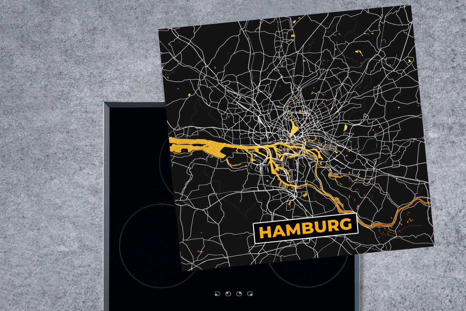 für (1 Deutschland Arbeitsplatte Hamburg - Vinyl, MuchoWow Ceranfeldabdeckung, Stadtplan, cm, Herdblende-/Abdeckplatte Gold küche - - tlg), Karte 78x78 -