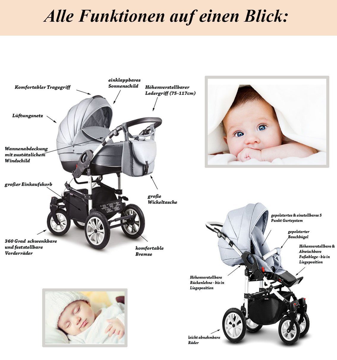 babies-on-wheels Kombi-Kinderwagen 2 in 16 - 1 13 Teile Farben - Hellgrau-Grün in ECO Kunstleder Cosmo Kinderwagen-Set