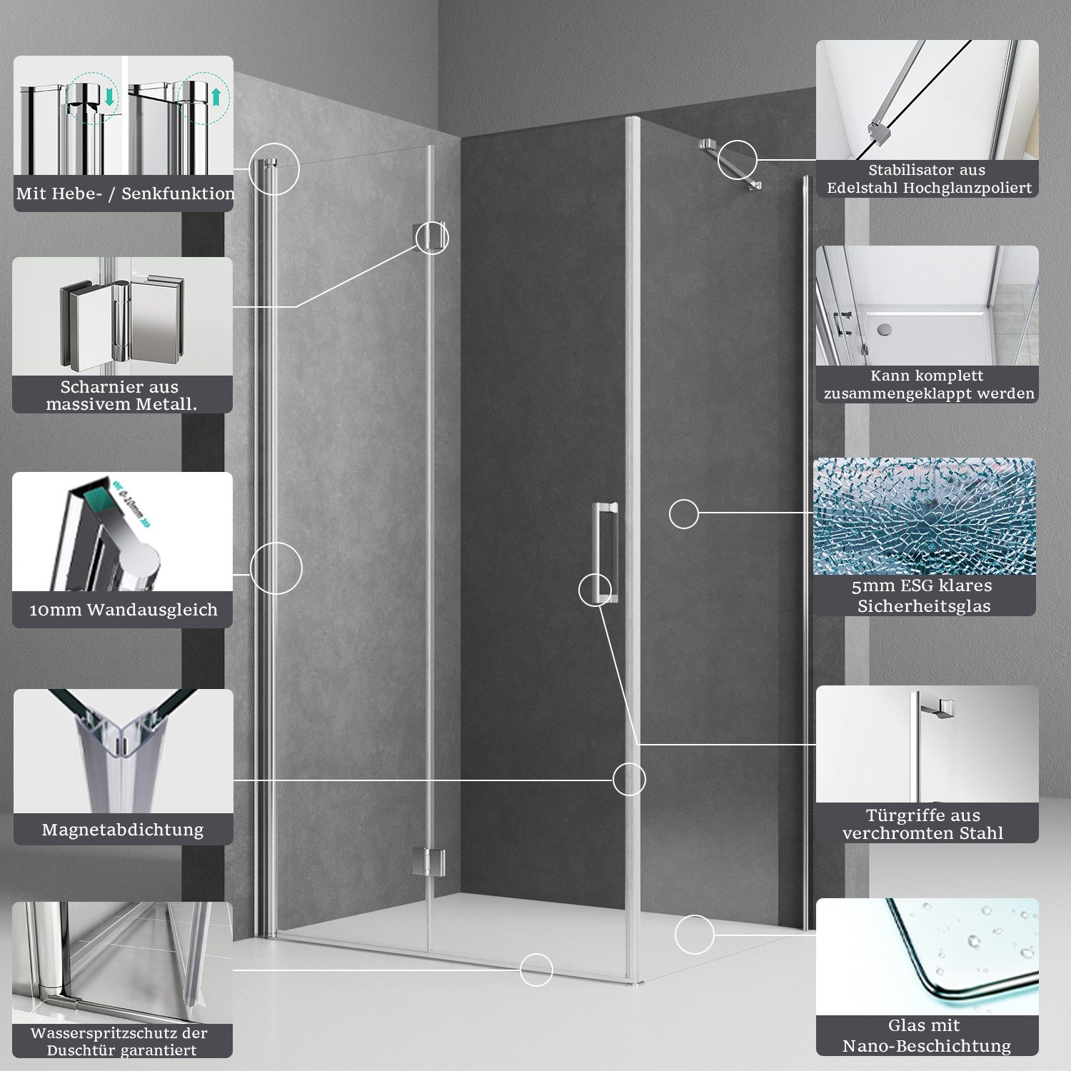 Boromal Eckdusche Duschkabine 90x90 80x80 Eckeinstieg Falttür Drehfalttür Seitenwand, BxT: 80x80 cm, Sicherheitsglas, Duschabtrennung, Duschwand Dusche Glas, 6mm ESG Nano Glas