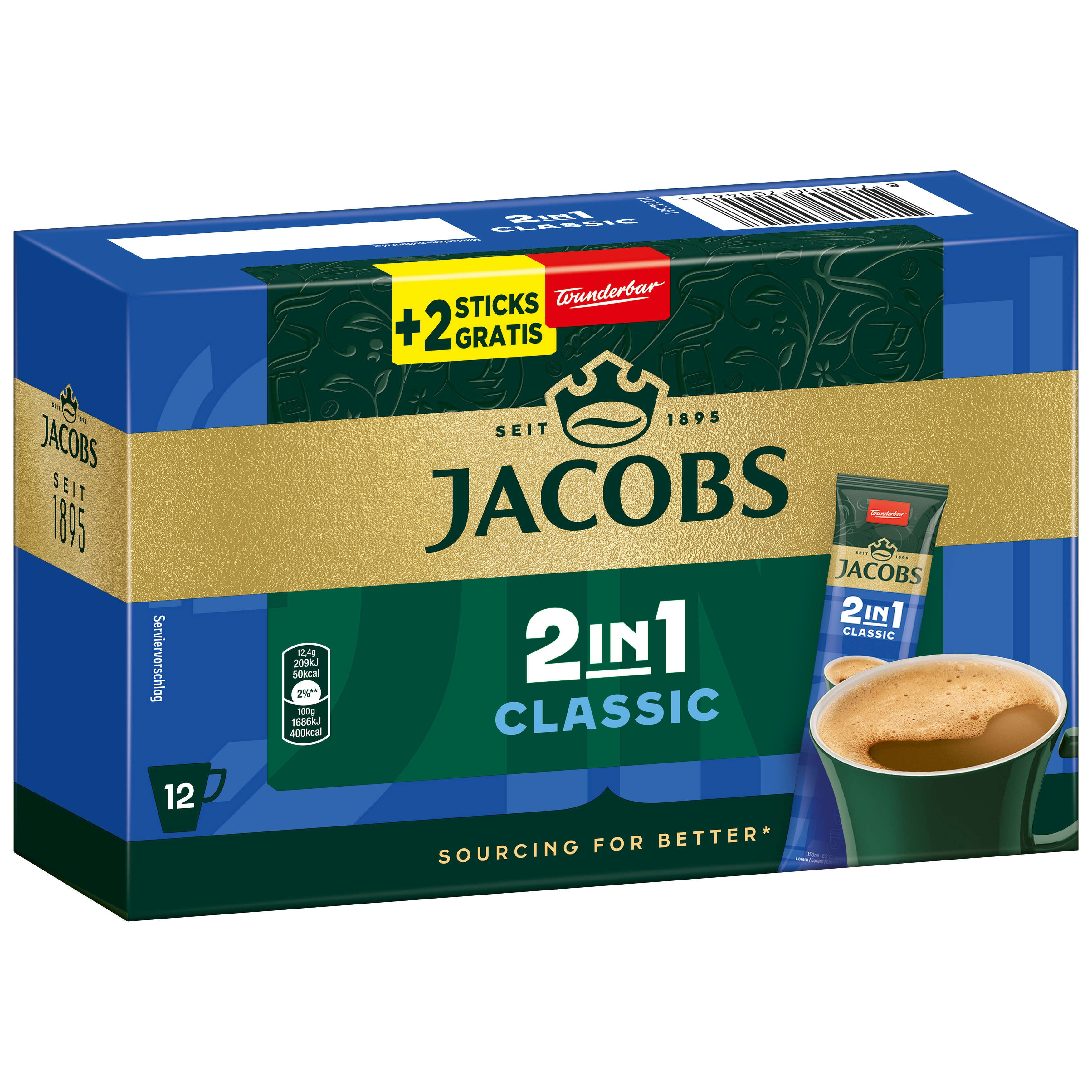 JACOBS Kaffee Löskaffee 2in1 Classic löslicher Kaffee Instantkaffee 12 x 10+2 Sticks, 1786 g, (Packung, 12er Pack)