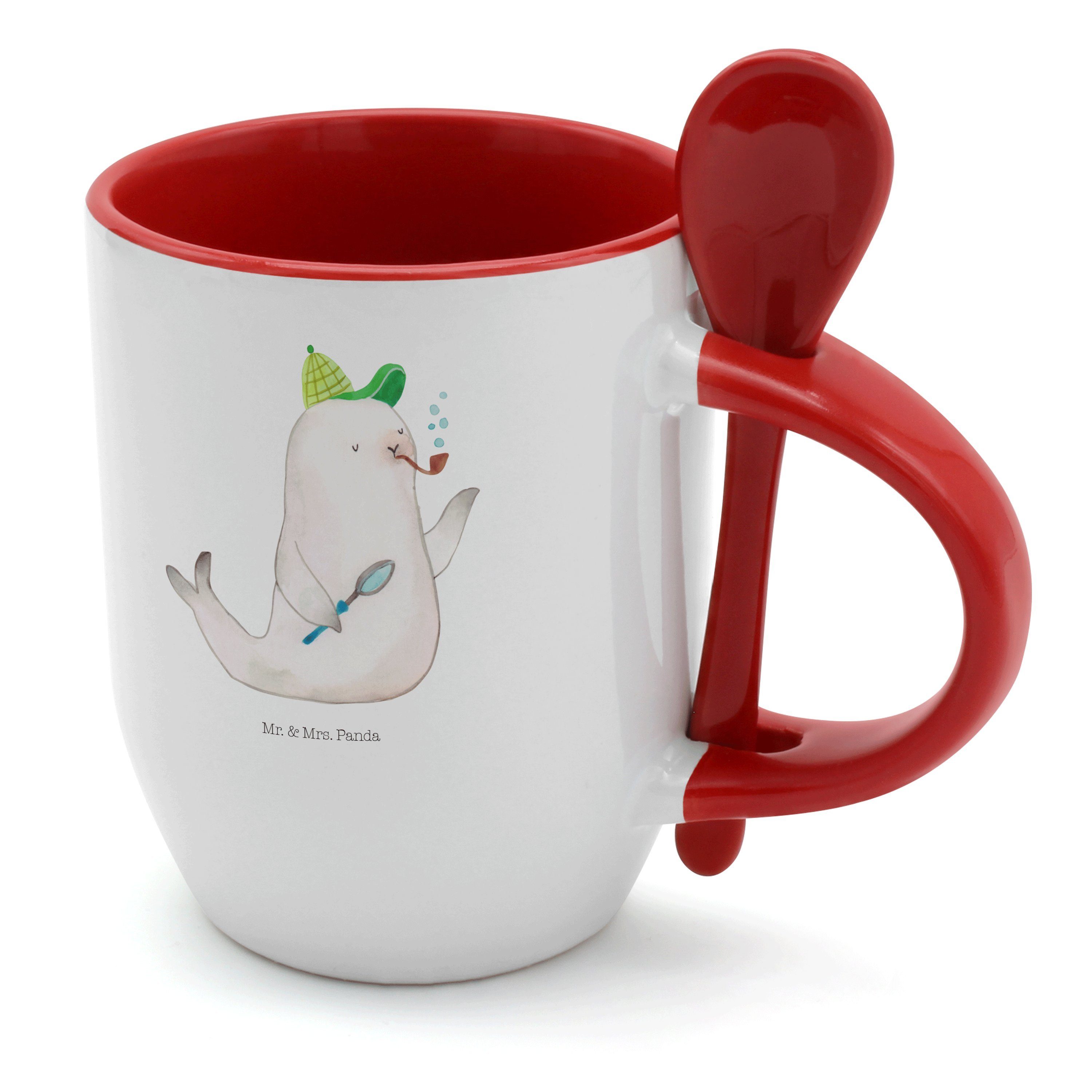 Mr. & Mrs. Panda Tasse Robbe Sherlock - Weiß - Geschenk, Gute Laune, Tiere, Tasse mit Löffel, Keramik