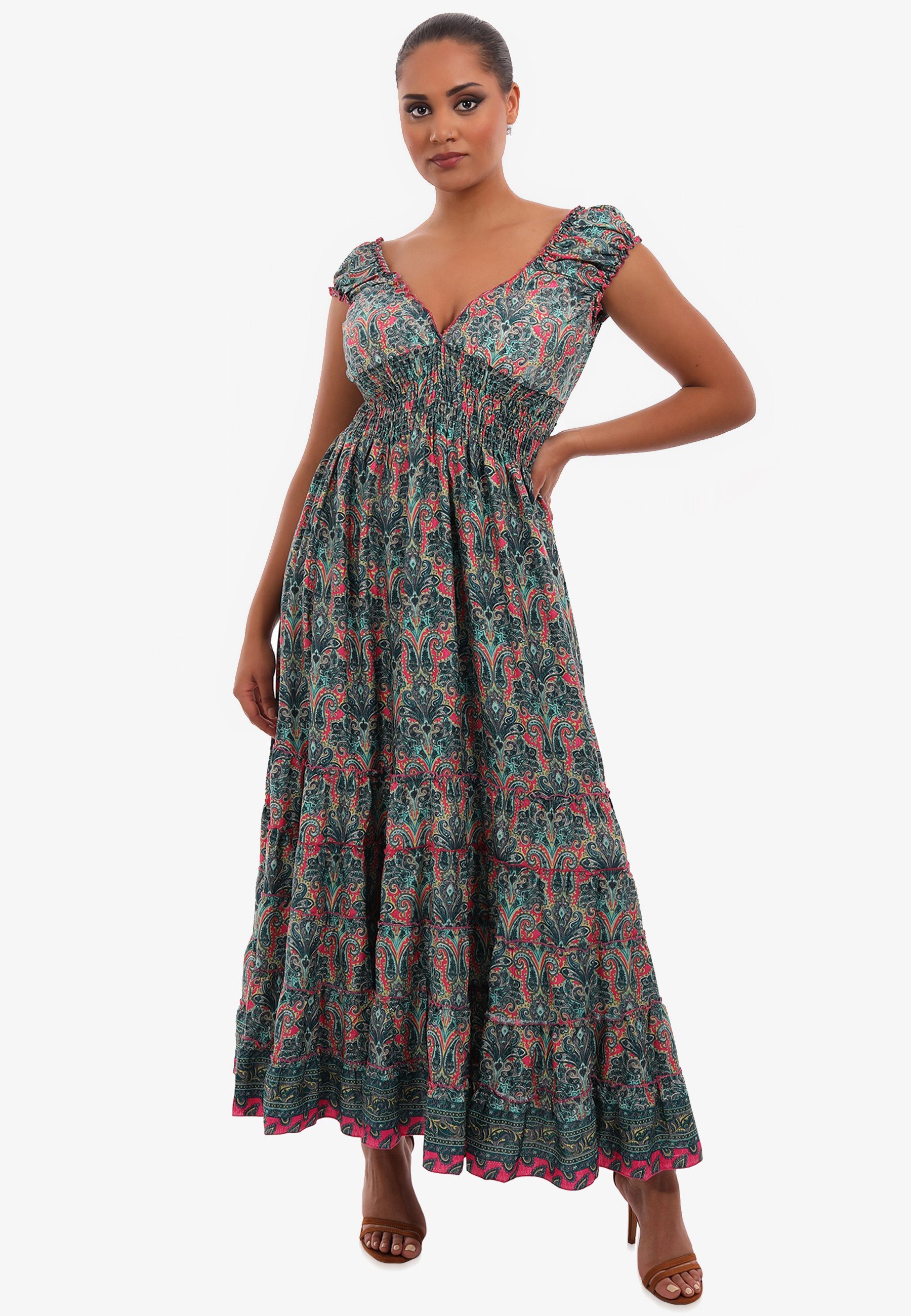 YC Fashion & Style Maxikleid Damen Maxikleid Bohemian Kleid mit Carmen  Ausschnitt (1-tlg) bequem zu tragen, mit kurzen Ärmel, mit floralem Druck