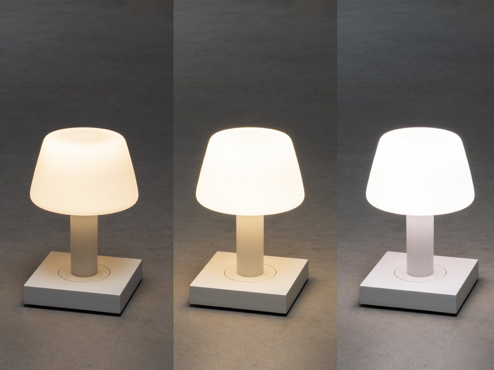 KONSTSMIDE LED Außen-Tischleuchte, USB-Anschluss mit Ladefunktion, LED fest integriert, warmweiß, 2er Set kleine ohne Kabel & Strom Nachttischlampe Touch dimmbar H 19cm