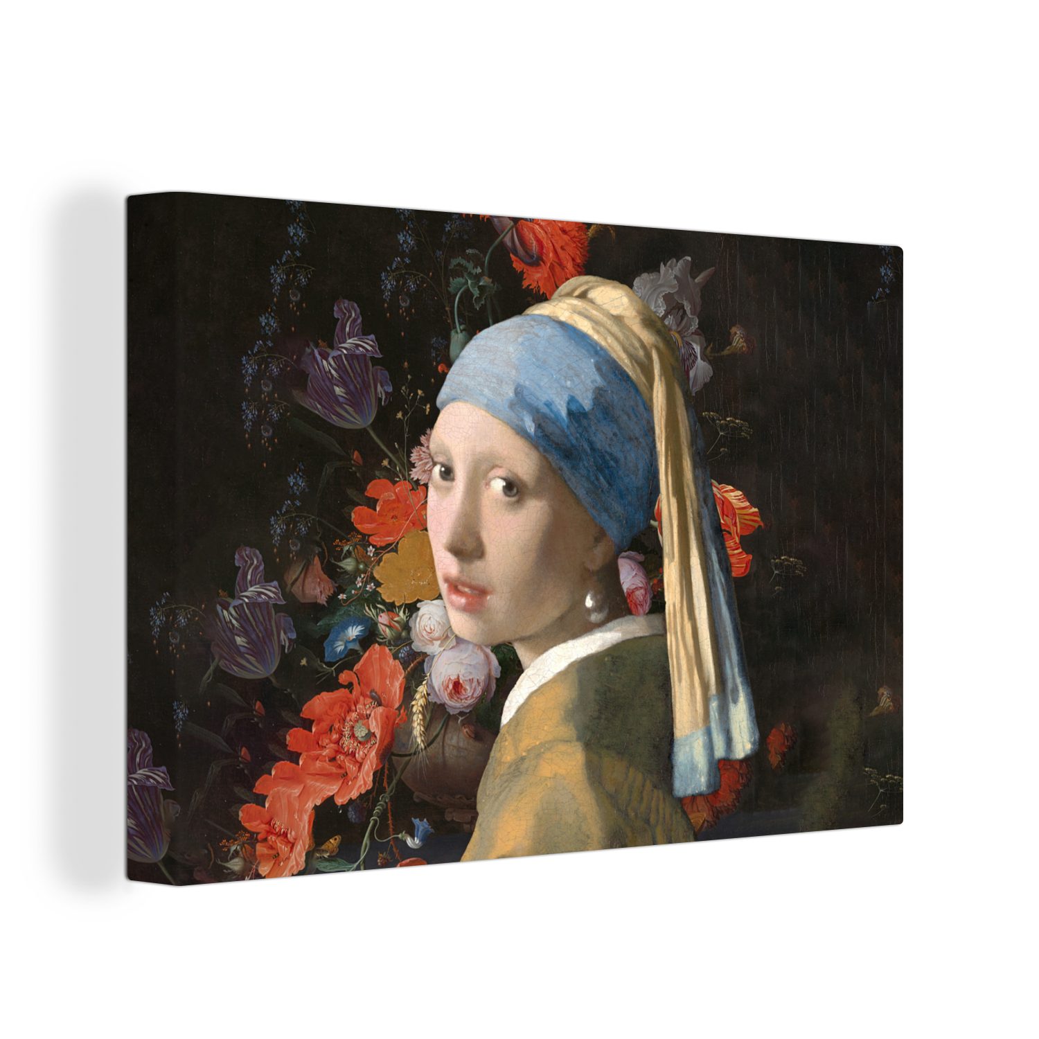 OneMillionCanvasses® Gemälde Das Mädchen mit dem Perlenohrring - Vermeer - Blumen, (1 St), Wandbild Leinwandbilder, Aufhängefertig, Wanddeko, 30x20 cm