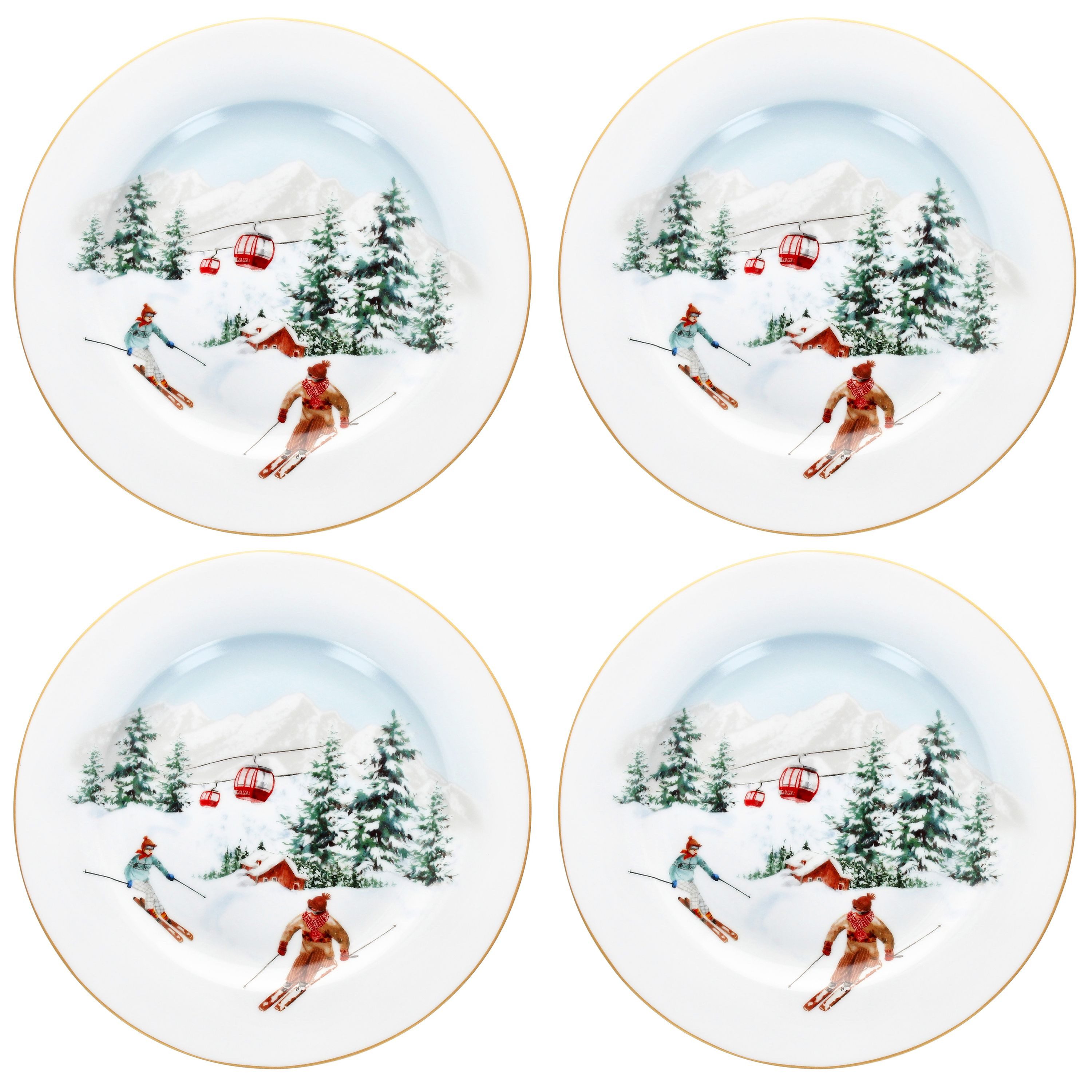 Frühstücksteller 4x Chalet Kuchenteller 4 Pers. Porzellan Dessert-Teller Ski Alpen