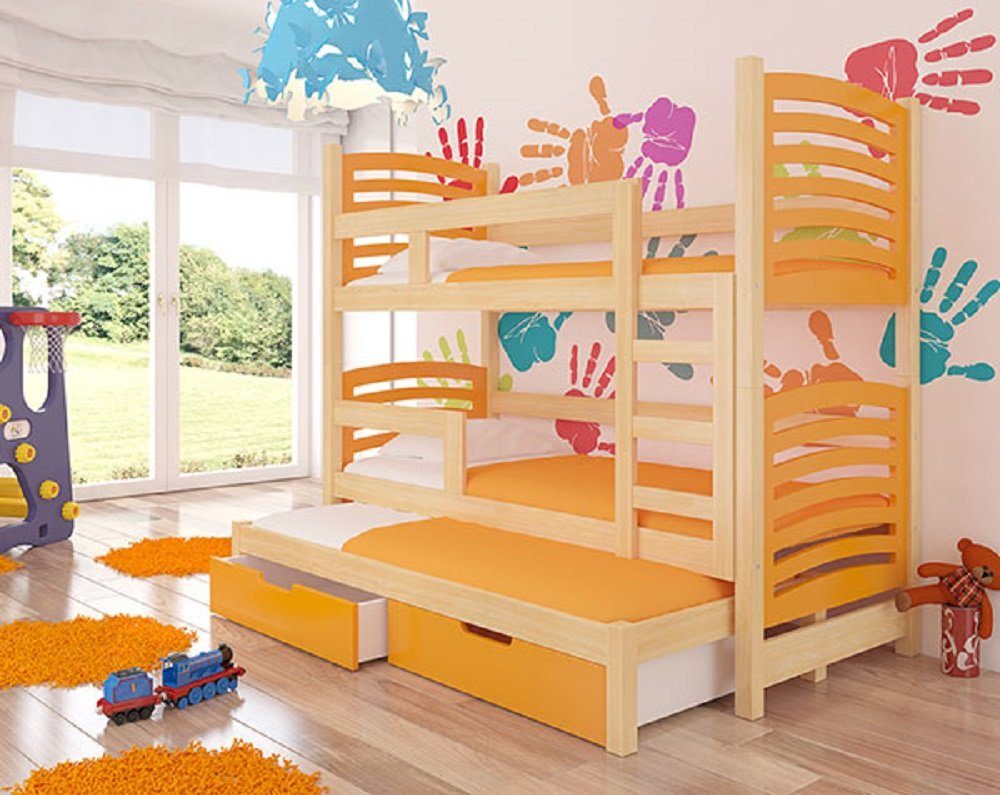 Feldmann-Wohnen Hochbett (Etagenbett Absetzungen: Schlafgelegenheiten) wählbar SORIA mit Natur Kiefer 3 orange Farbe 