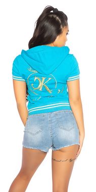 Koucla Hoodie jacket girly crop Top college Jacke türkis gold Strass Kängurutasche, Kapuze