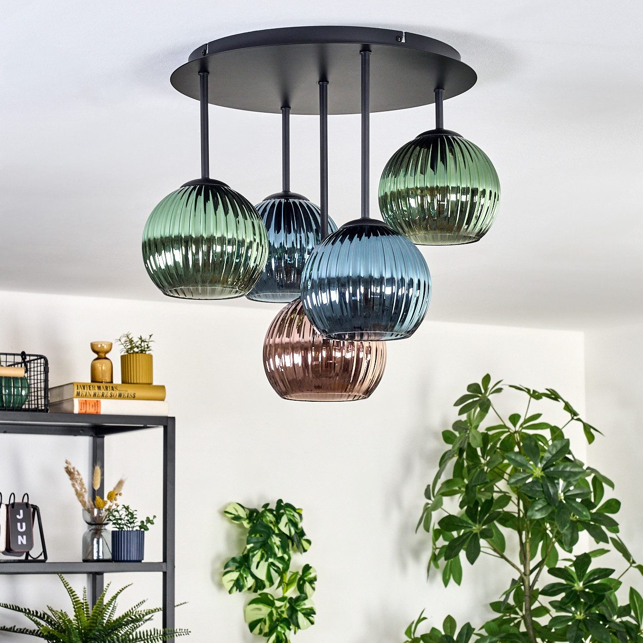 hofstein Deckenleuchte Deckenlampe aus Metall/Riffelglas in Schwarz/Grün/Blau/Kupferfarben, Deckenleuchte im Retro/Vintage-Design (Schirme Ø 15 cm), 5 x E14