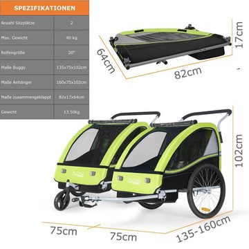 TIGGO Fahrradkinderanhänger TIGGO VS Kinderfahrradanhänger 2 in 1 Kinderanhänger Fahrradanhänger, für 1-2 Kinder geeignet