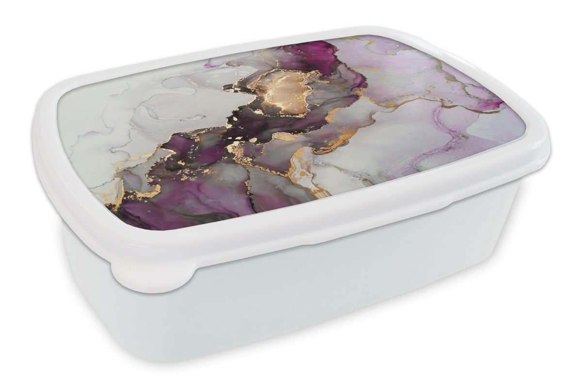 MuchoWow Lunchbox Marmor - Abstrakt - Gold - Lila, Kunststoff, (2-tlg), Brotbox für Kinder und Erwachsene, Brotdose, für Jungs und Mädchen weiß | Lunchboxen