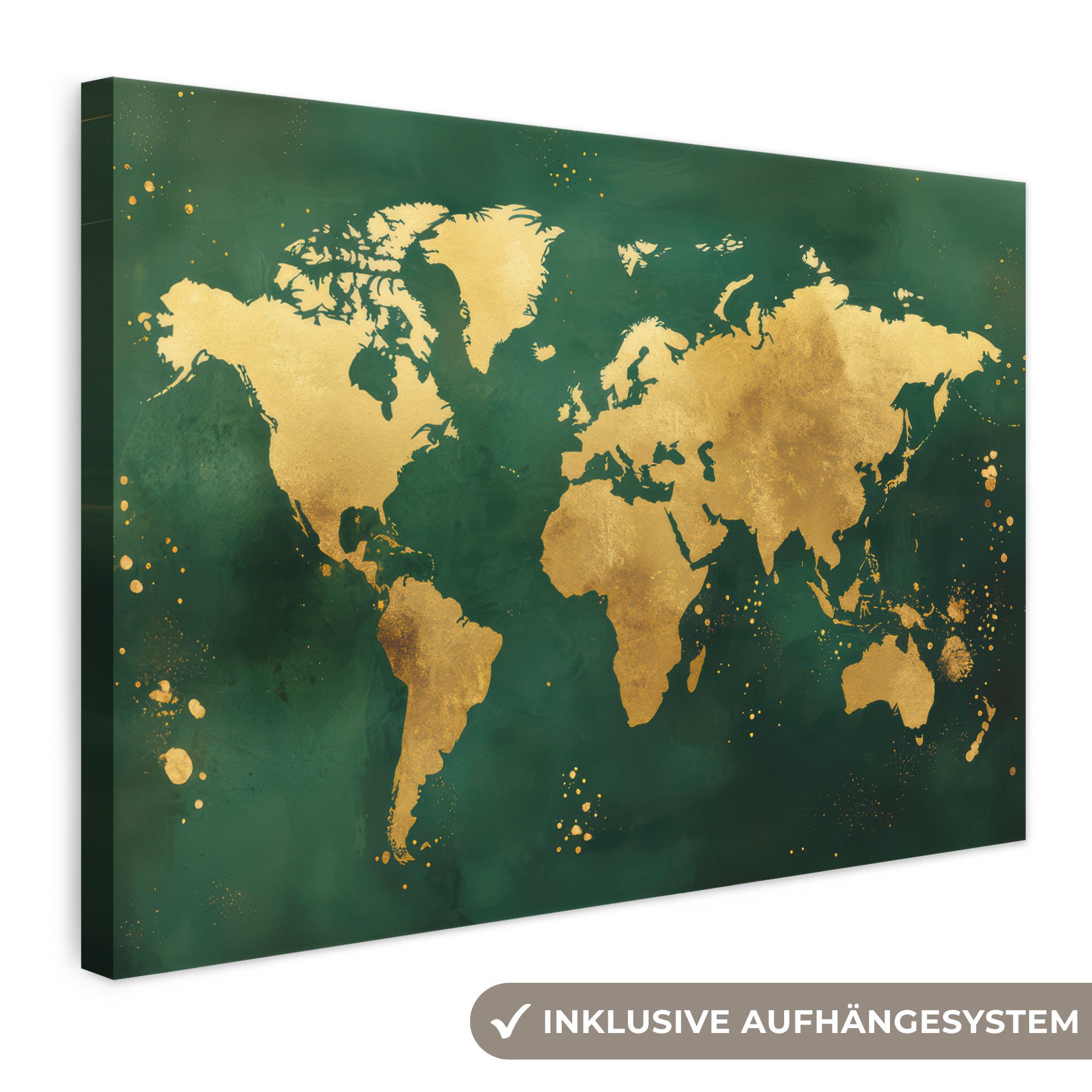 OneMillionCanvasses® Leinwandbild Weltkarte - Grün - Gold, Fotodruck (1 St), Leinwand Bilder Klein, Wand Dekoration Aesthetic 30x20 cm