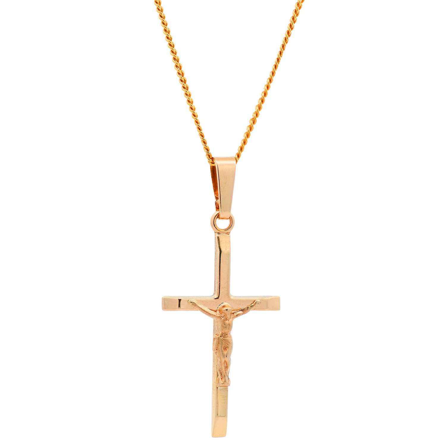 HOPLO Kreuzanhänger Anhänger Kreuz Korpus 585 Gold mit vergoldeter Silberkette 36 cm, Made in Germany
