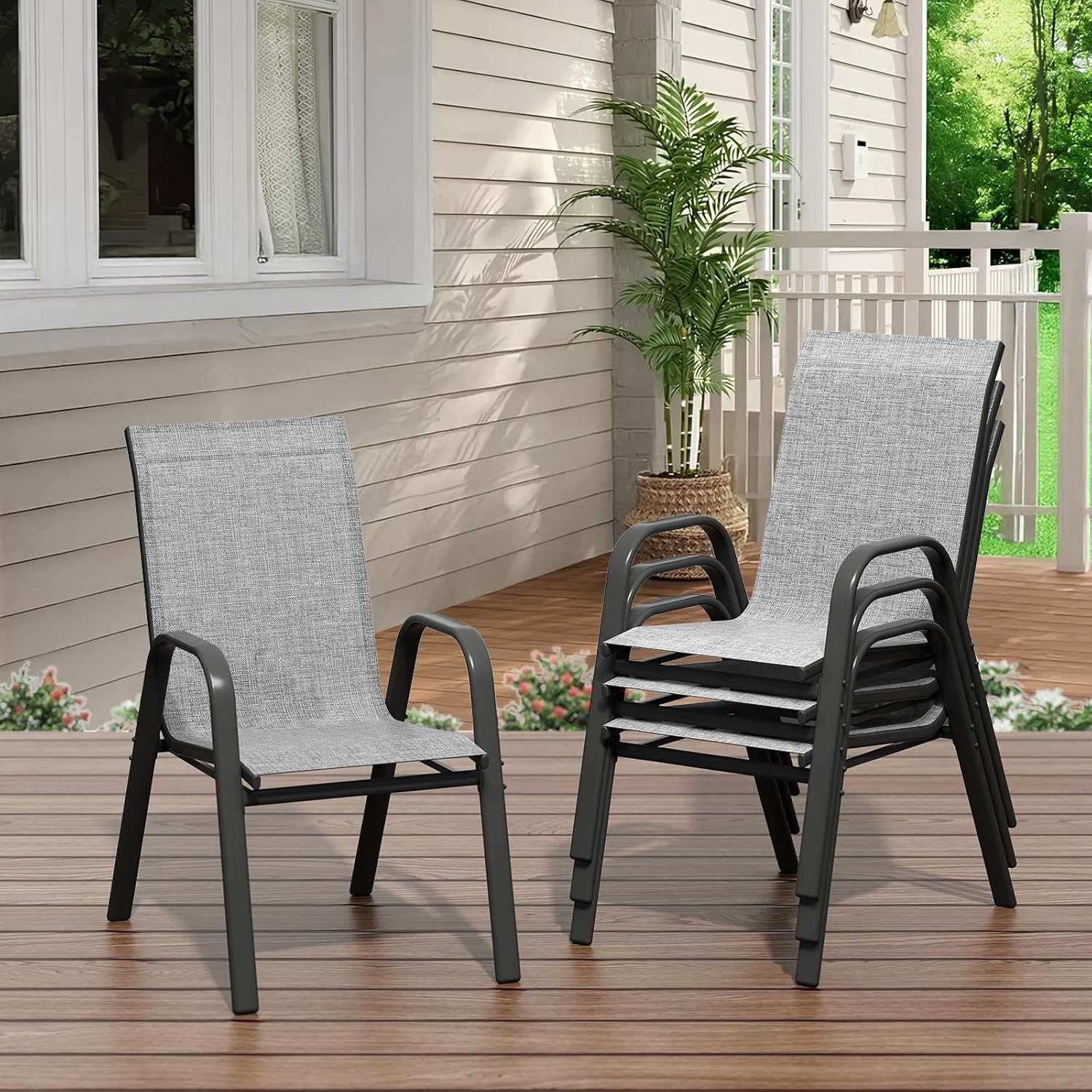 GarveeMore Gartenstuhl 4er Set Outdoor Stühle Set wetterfest & rostbeständig,Terrassenstühle, Stapelbare Textilene Gartenstühle ausMetall,für Garten,Balkon&Terrasse
