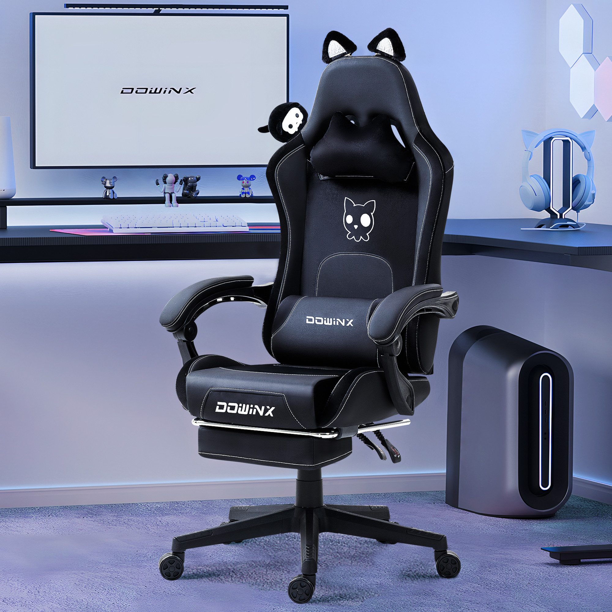 Dowinx Gaming-Stuhl Süße Katze Edition mit Katzenohren und Plüschtier (Packung), Ergonomischer Stuhl mit Hoher Rückenlehne und Lendenwirbelstütze