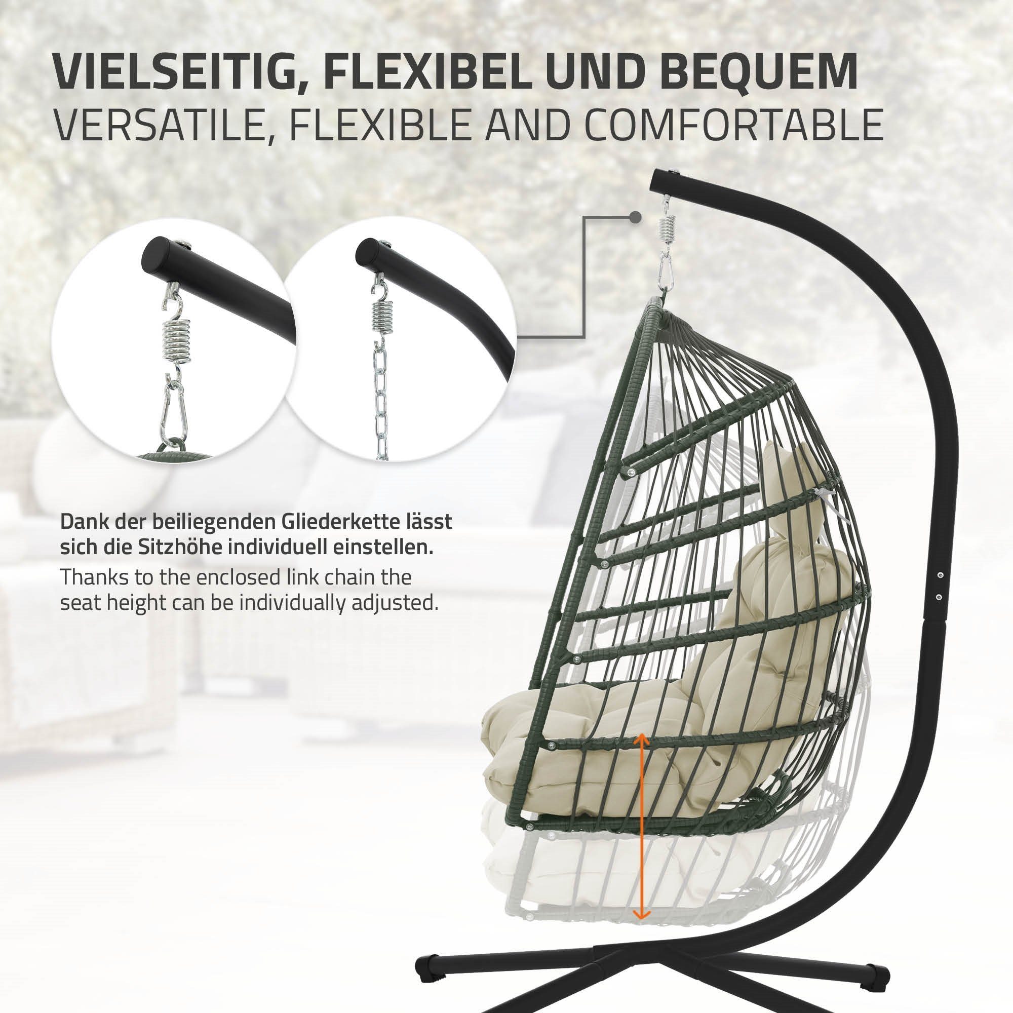 Gestell), ML-DESIGN Kissen mit (Hängesessel großen Hängesitz Hängesessel Deckenhalterung Hängeschaukel Hängekorb Khaki Hängestuhl Indoor/Outdoor Rattan-Optik