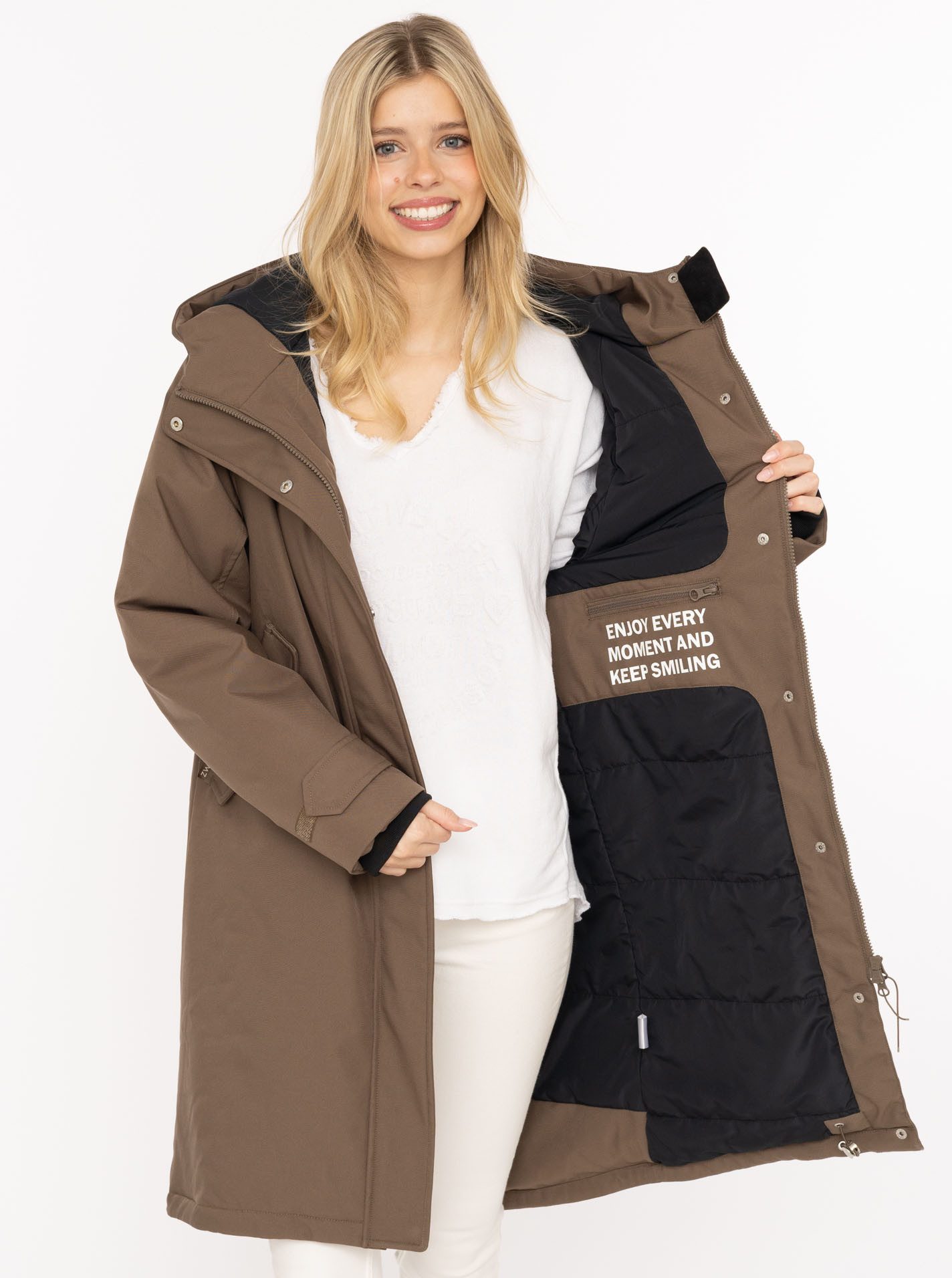 Zwillingsherz Kurzmantel "Keep Smiling" Kapuze, verdeckter Reißverschluss, Oversize