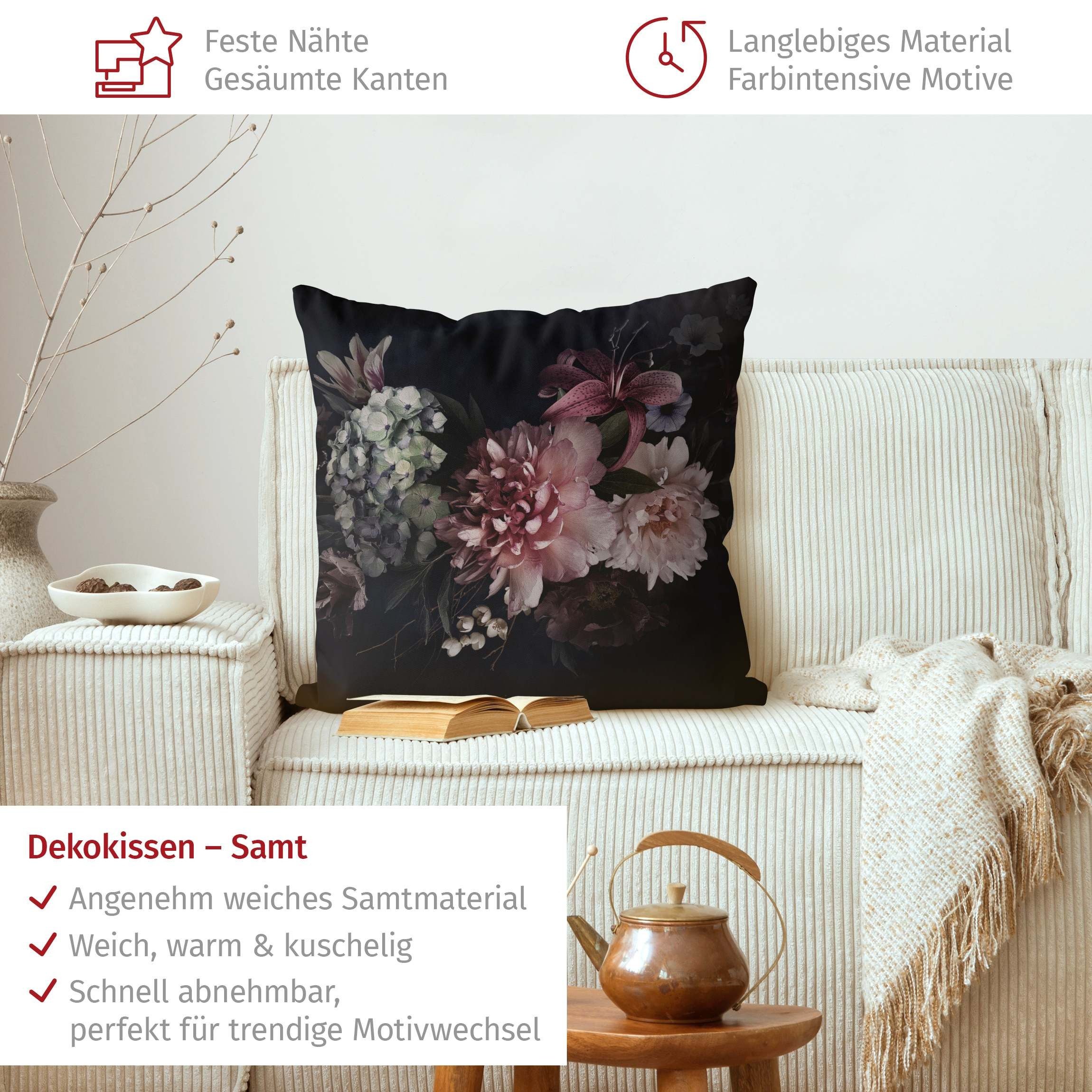 Bilderdepot24 Dekokissen drinnen Kissenhülle/ Sofakissen/ Zierkissen Kissenhülle schwarz Blumen, Bezug mit / ohne Füllung Zierkissen Outdoor Sofa Bett