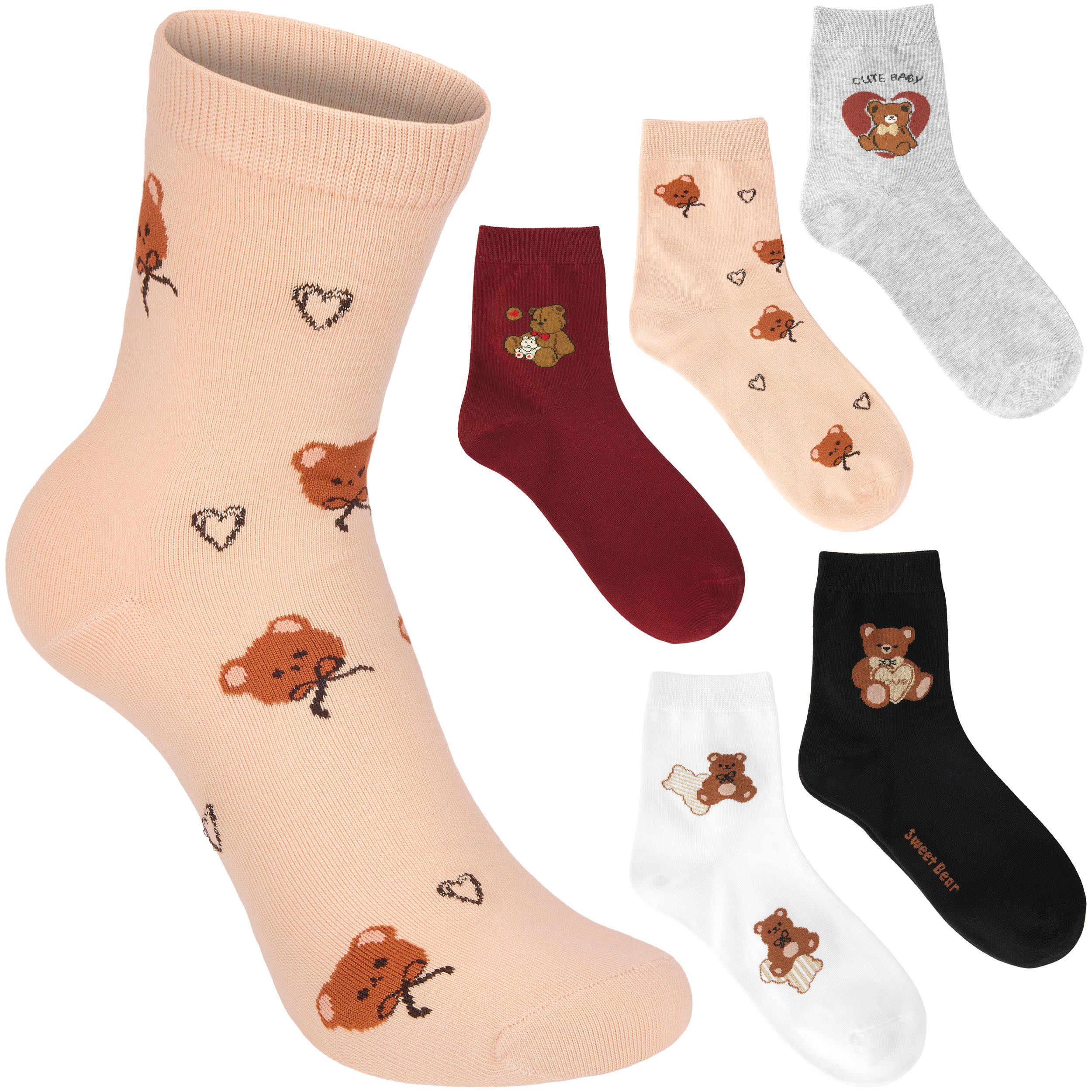 BRUBAKER Носки Lustige Damensocken - Teddybär (Socken Geschenkset für Frauen, 5-Paar, Kuschelsocken mit süßen Teddy Motiven) Weiche Sneakersocken für Damen in Rot, Beige, Schwarz, Grau und Weiß