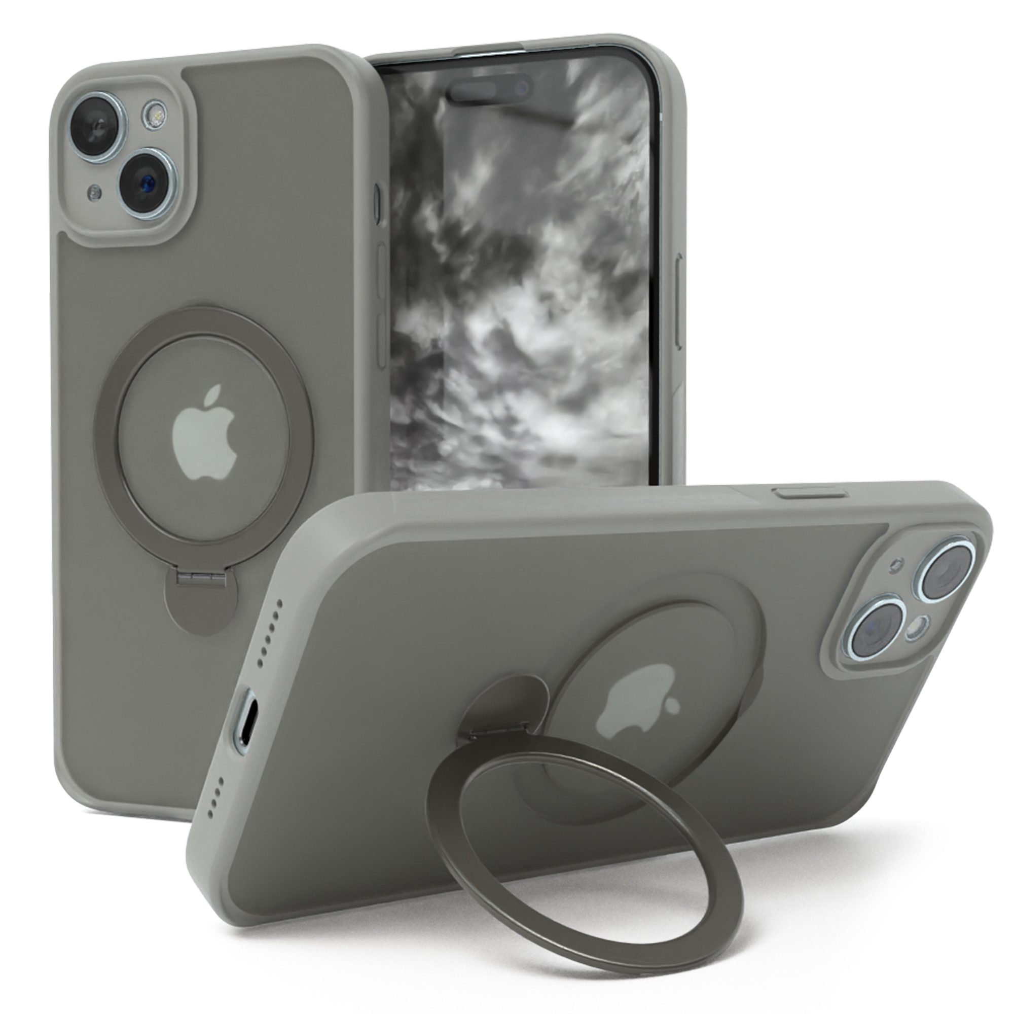 EAZY CASE Handyhülle Outdoor iPhone 15 Plus Case MagSafe Rotation Ring 6,7 Zoll, Slim Cover Handyhülle stoßfest Silikon Case Outdoorcase kratzfest Grau