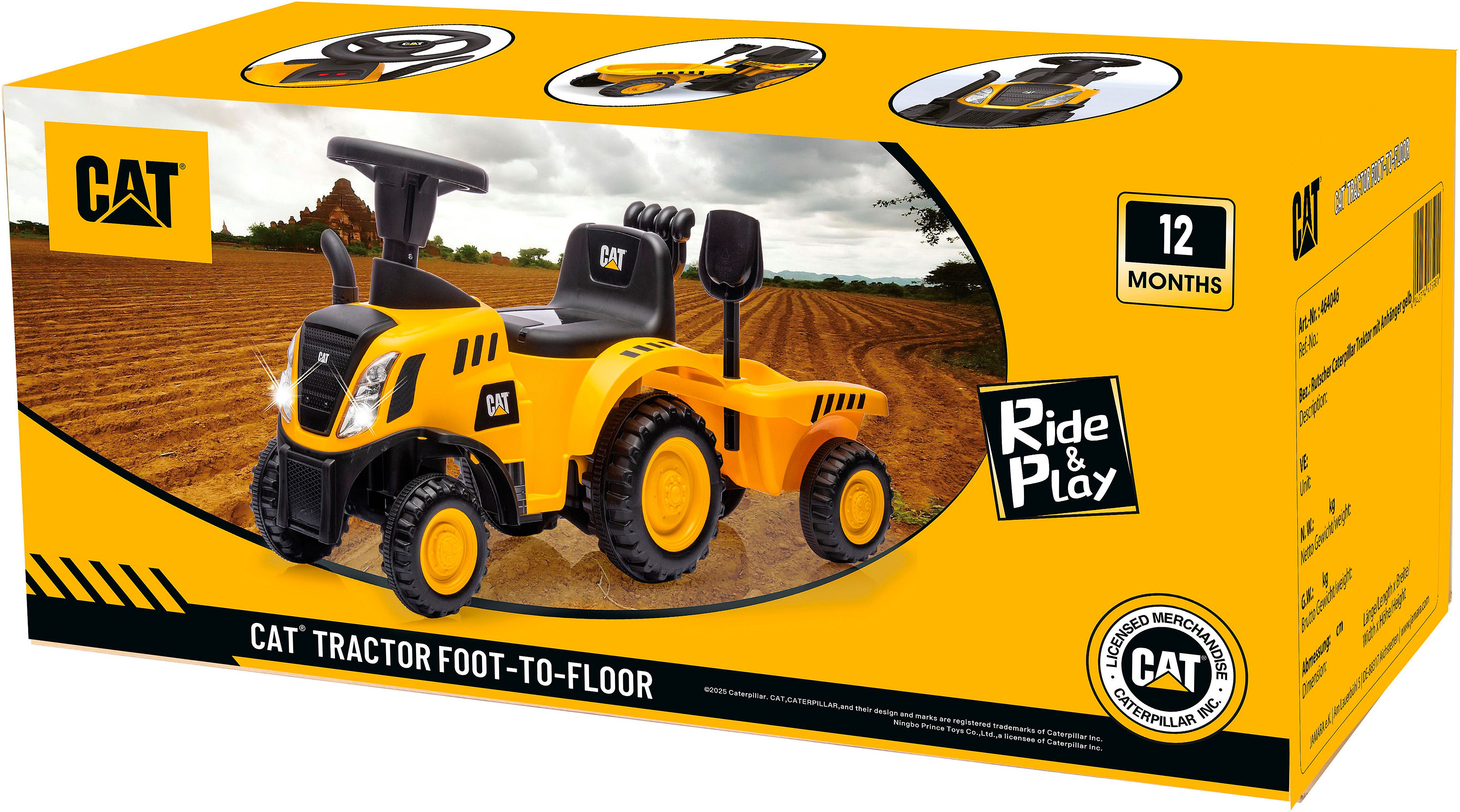 Jamara Rutscher Caterpillar Traktor mit Anhänger 2in1, gelb, mit Licht- und Soundeffekten sowie Hupe – Bild 3 von 5