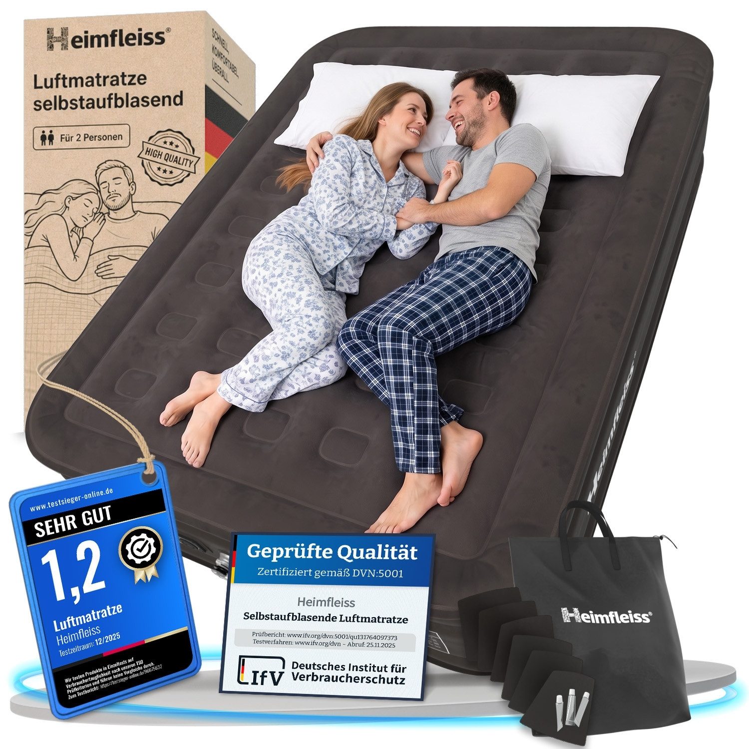 Heimfleiss® Luftmatratze Luftbett selbstaufblasend integrierte Pumpe, (Reisebett Matratze mit Elektropumpe, 3-St., inkl. Tragetasche und Reparatur-Kit), 2 Personen 200x150x45 cm, 300 kg