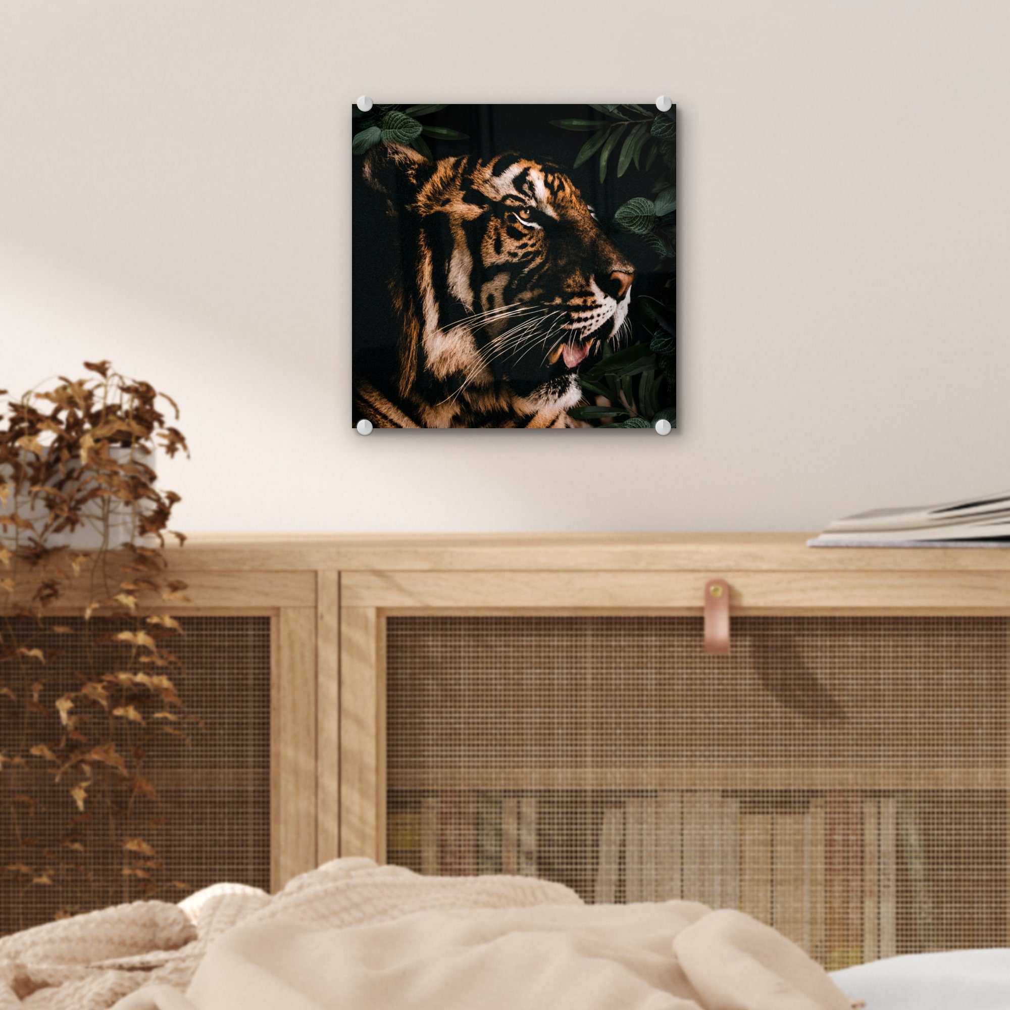 - - MuchoWow - - Glas Blätter Tiger St), Foto Glasbilder Acrylglasbild Tier, auf Glas auf Bilder - Wanddekoration Wandbild (1