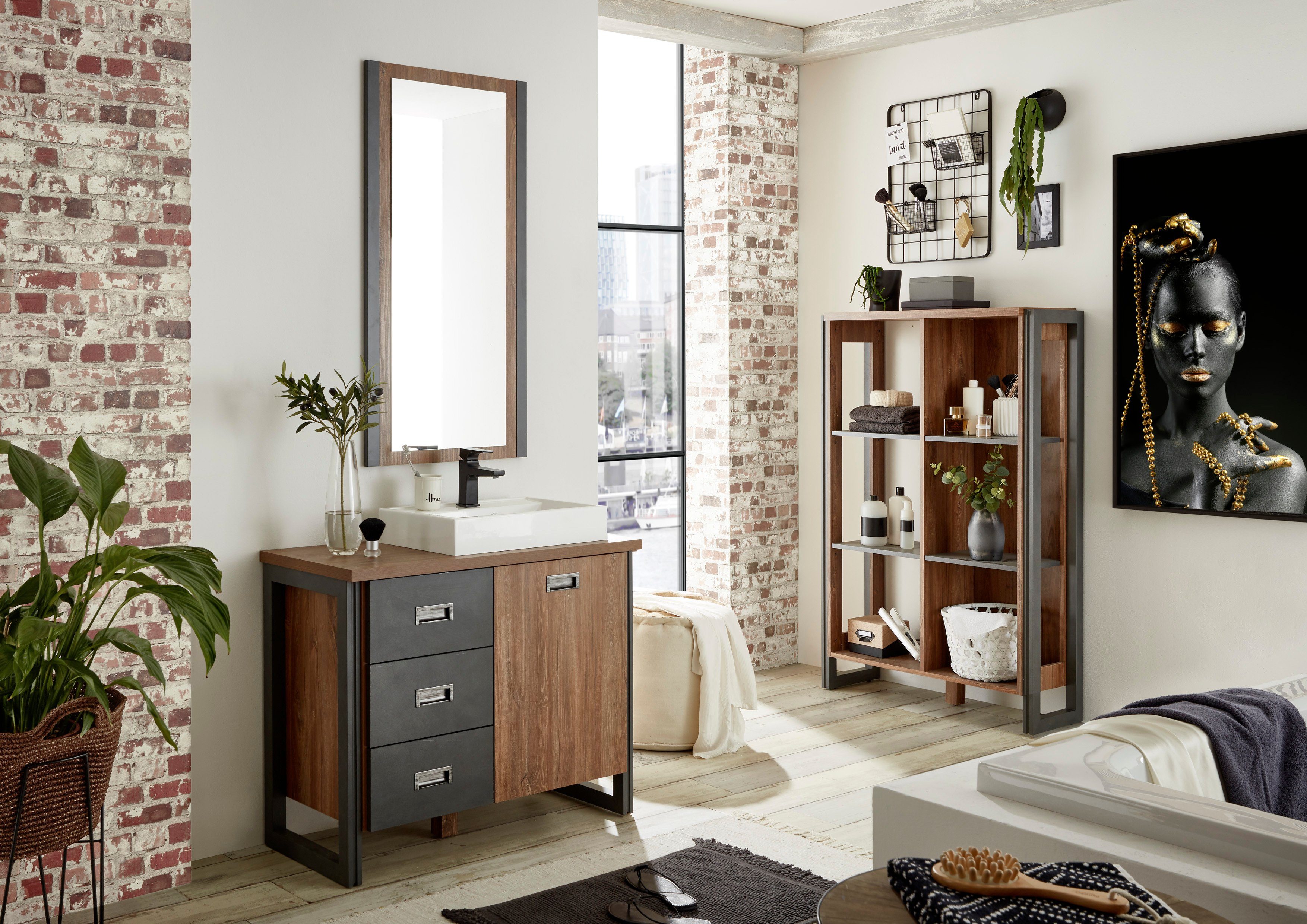 Home affaire Badmöbel-Set Detroit, Bad im Industrialdesign, 3-teiliges Badezimmer, (Set, 3-St), Waschtisch, Regal & Spiegel, inkl. Aufsatzwaschbecken aus Mineralguss