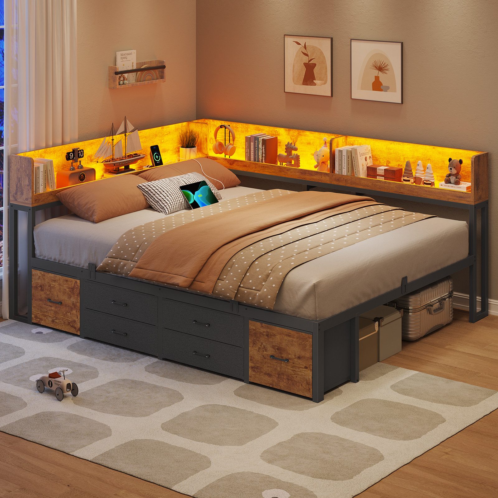 MSMASK Daybett Schlafsofa mit LED-Beleuchtung & Ladestation, Jugendbett Kinderbett, mit Integriertem Bücherregal & 6 Schubladen, 140x200cm